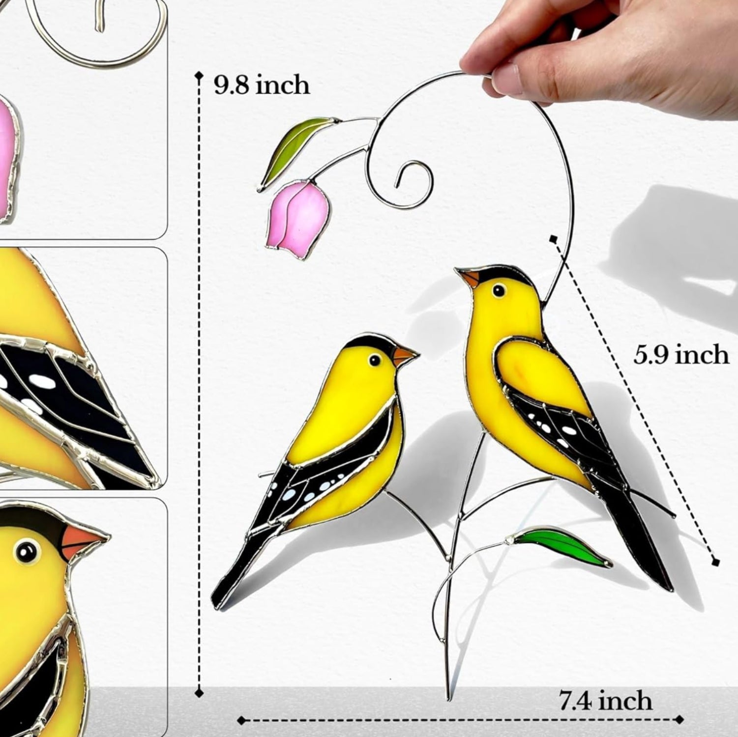 Pair of goldfinch stained glass bird suncatchers by IriCrist, featuring colorful detailed glass designs for window decoration.