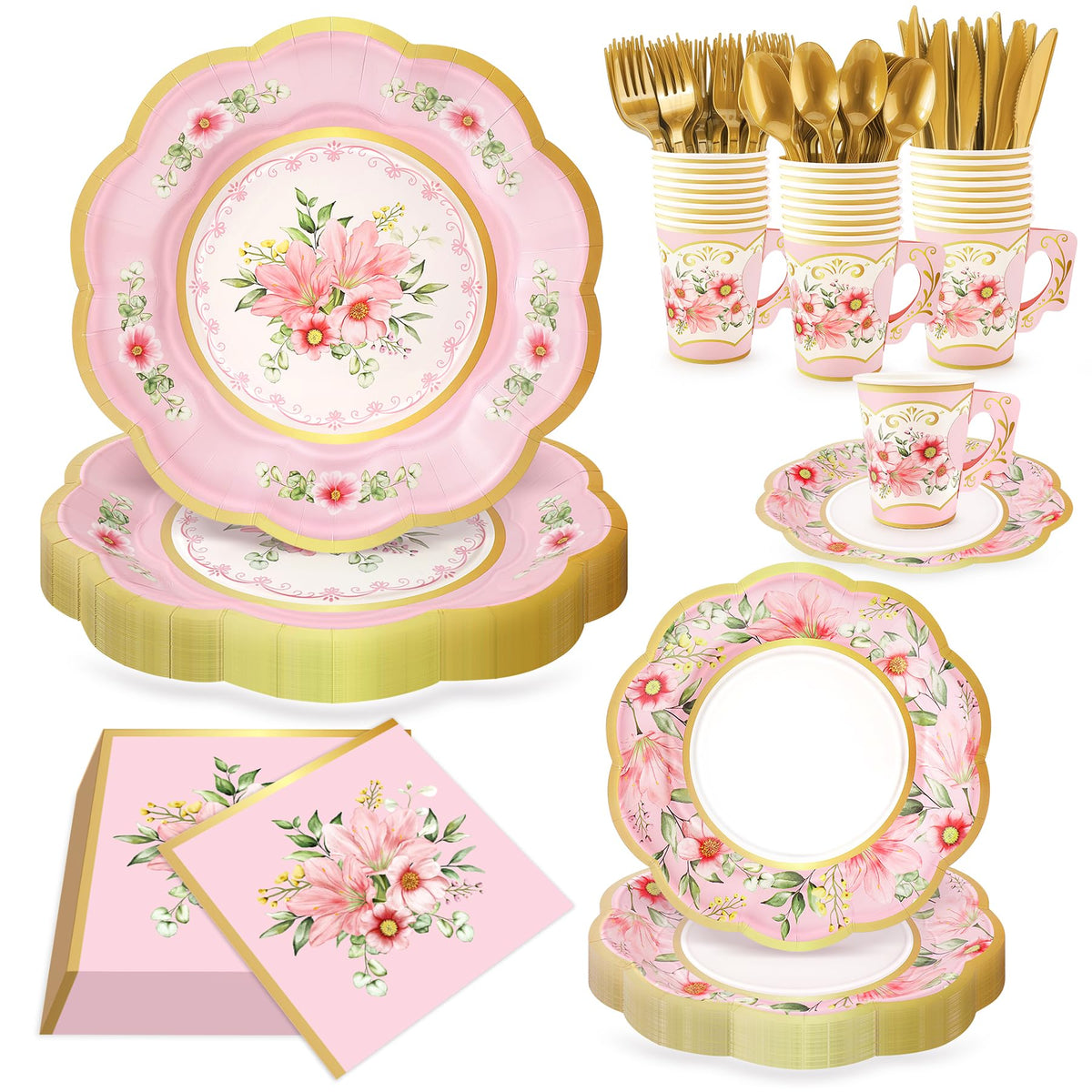 168PCS Flower Tea Party Supplies Pink Vintage Floral Party - Fighting to Achieve Official Imagery - 2