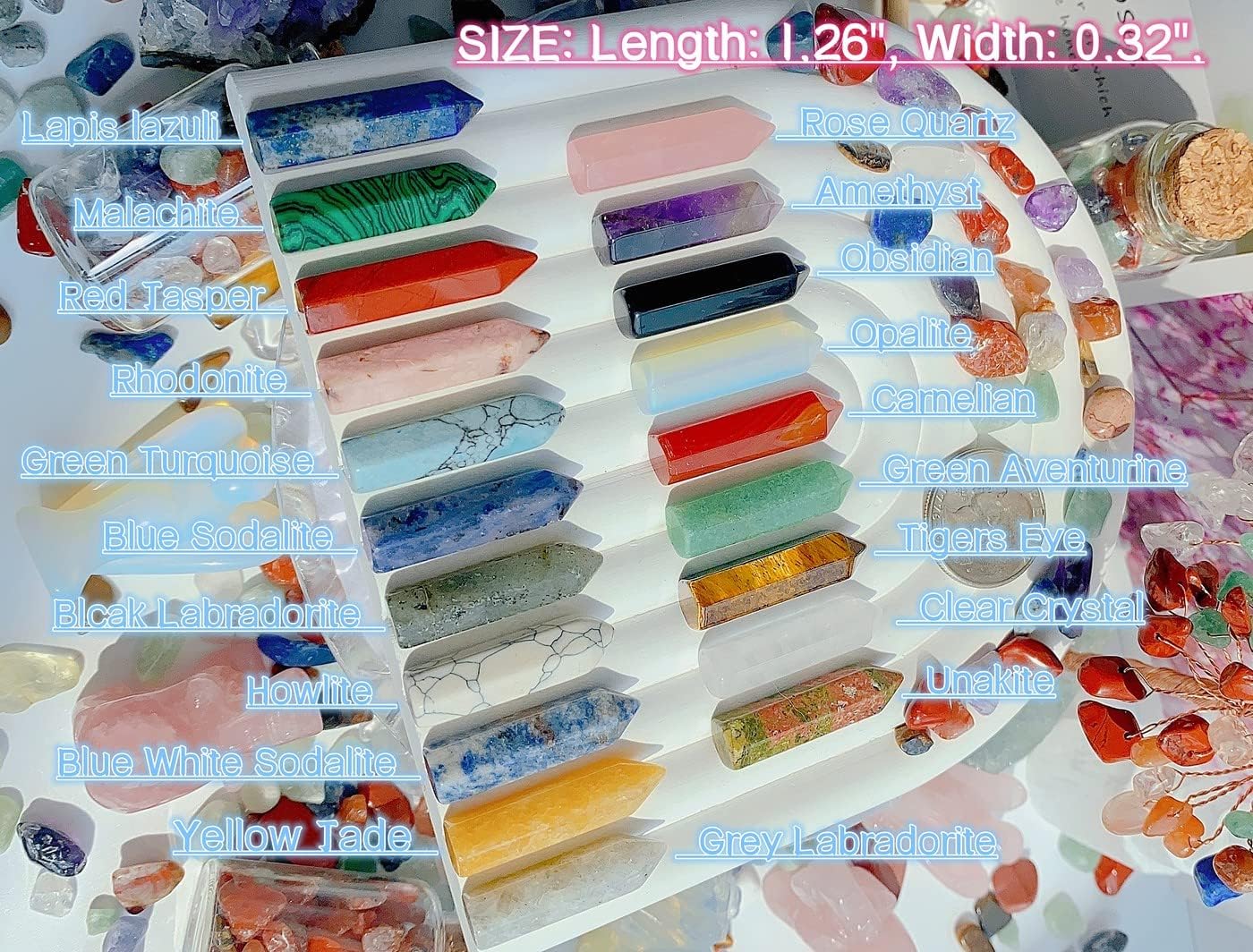 20 pcs healing crystal stones set including amethyst and rose quartz wands, natural crystals for holistic healing and meditation.