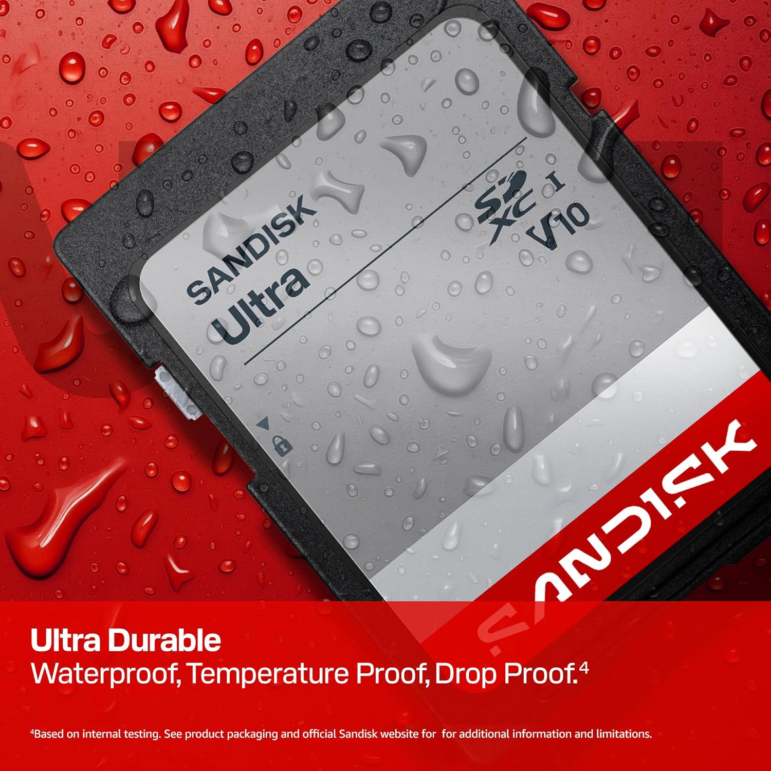 SanDisk 128GB Ultra SDHC UHS-I and SDXC UHS-I memory cards with up to 195MB/s read speed, shown in a close-up image