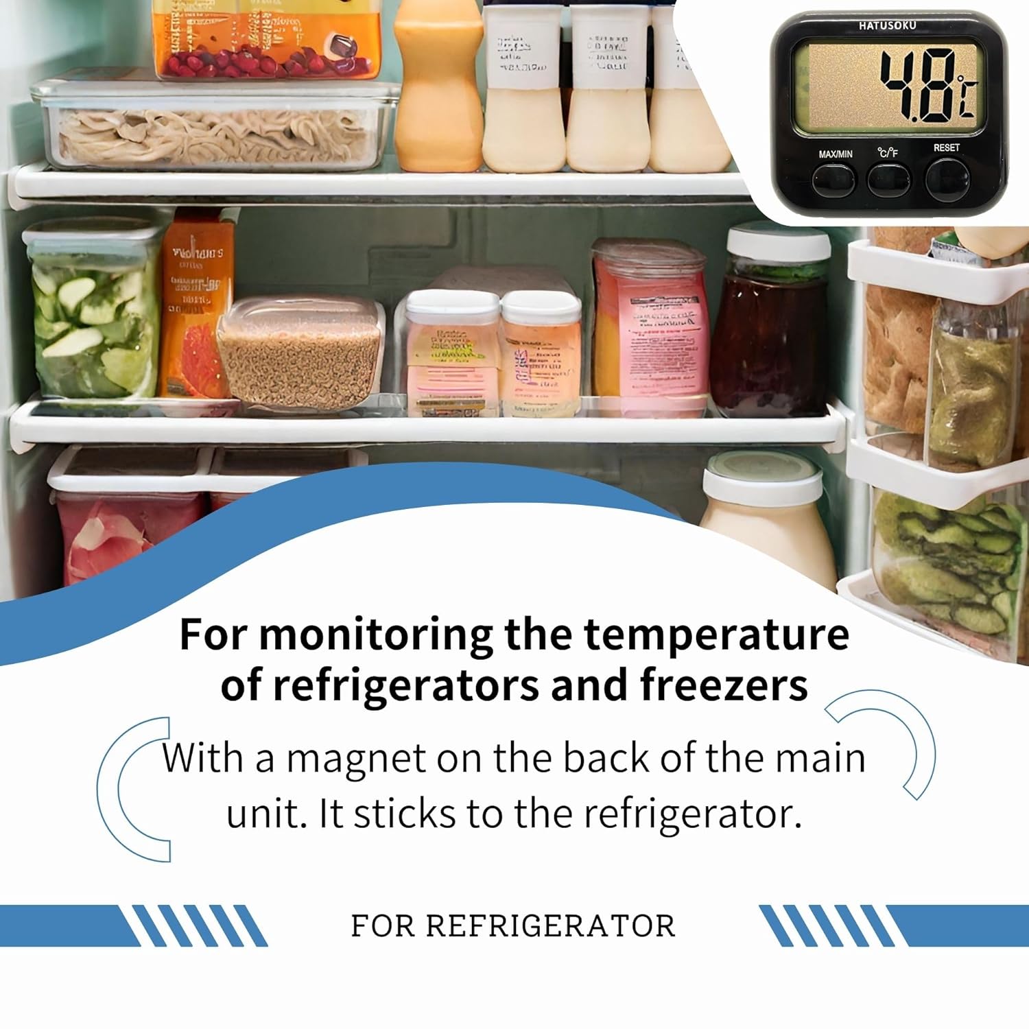 HATUSOKU digital thermometer with external sensor, magnet, and suction cup for water temperature measurement.