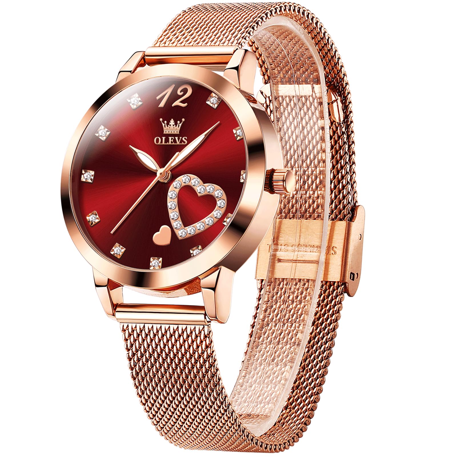 OLEVS Women's Rose Gold Watch, Small Wrist Heart Diamond Mesh - Product Imagery