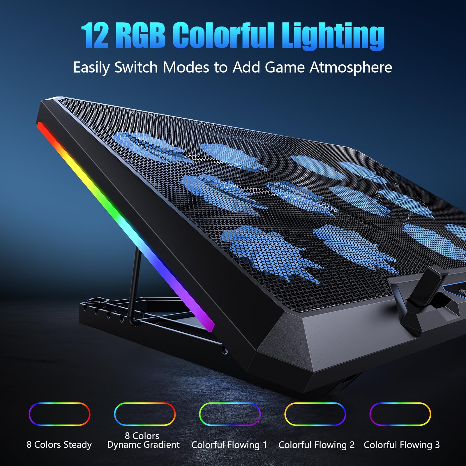 Trullypine Laptop Cooling Pad with 12 Quiet Fans, Slim Portable for 12-17.3 Inch Laptop Cooler Stand, RGB Lighting, with 5 Height Adjustable, Gaming Cooling Fan Pad,Two USB Ports, Phone Holder (LCD)