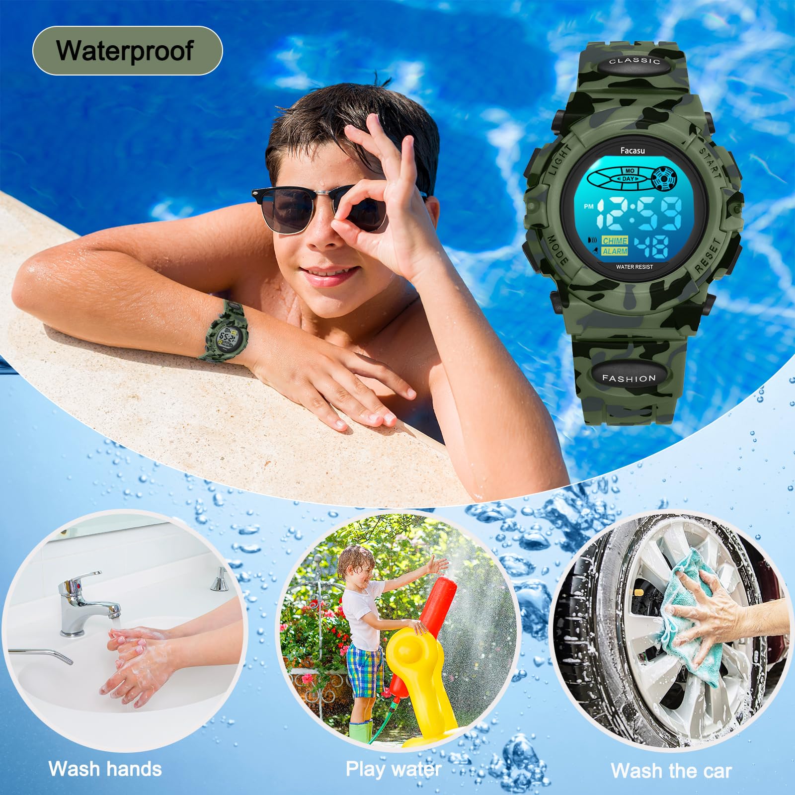 Facasu Kids Watch Digital for Boys-Waterproof Kids Sports Watch with L - View 3