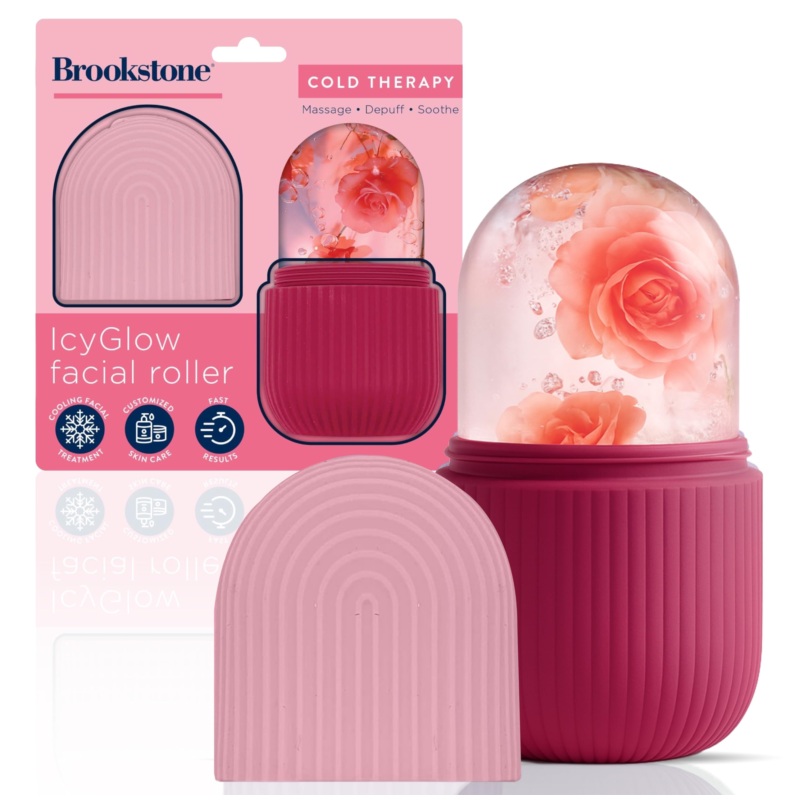 Brookstone IcyGlow Facial Rollers with Rose - Ice Roller for Face, Neck & Under Eyes - Cold Therapy Massager for Puffiness, Redness & Skincare Routine - Soothing Ice Face Roller for Cooling