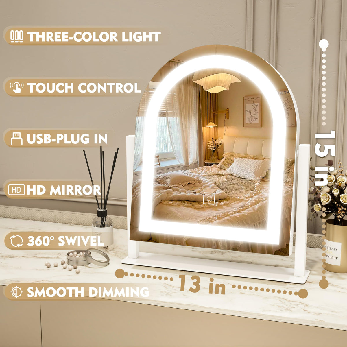 ROLOVE Lighted Makeup Mirror with 3 Color Dimmable Lighting - ROLOVE Official Imagery - 3