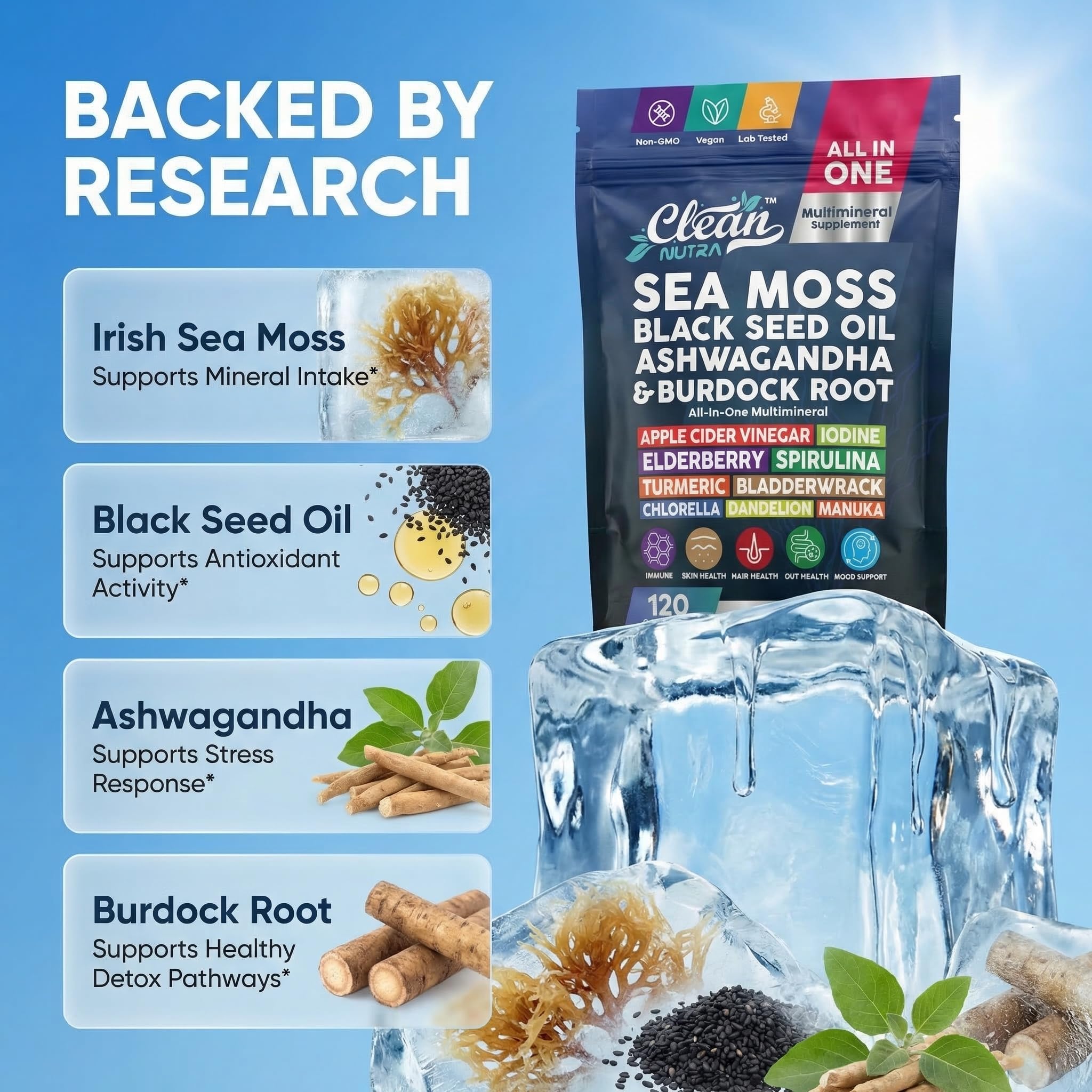 Clean Nutraceuticals Sea Moss Black Seed Oil Ashwagandha - Clean Nutraceuticals Official Imagery - 4