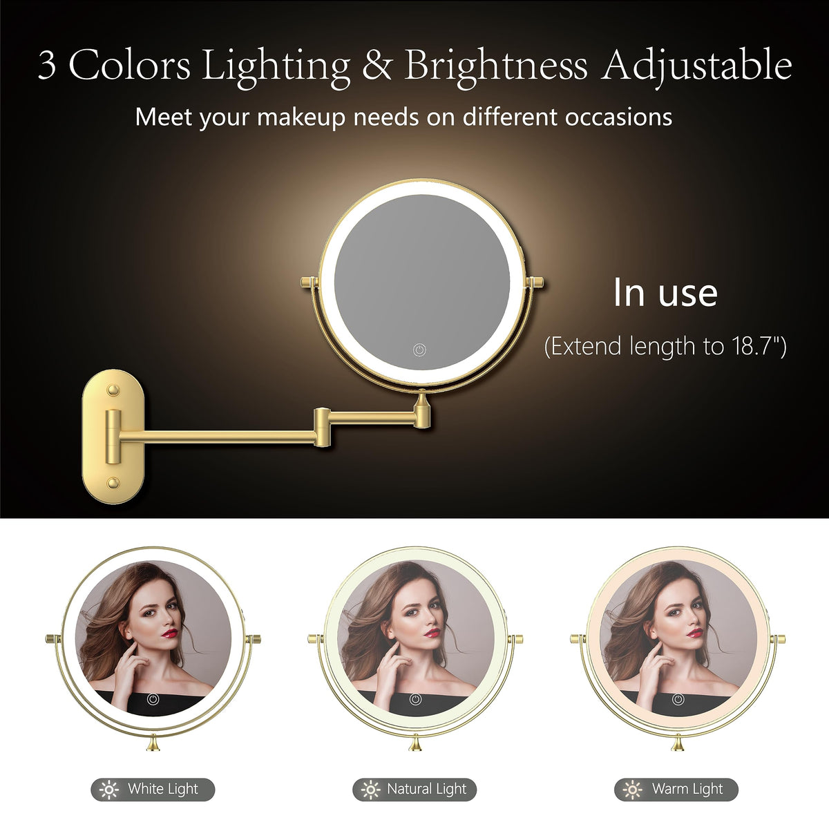 9 Wall Mounted Lighted Makeup Mirror Oval Base 10X Gold - MIROAMZ Official Imagery - 4