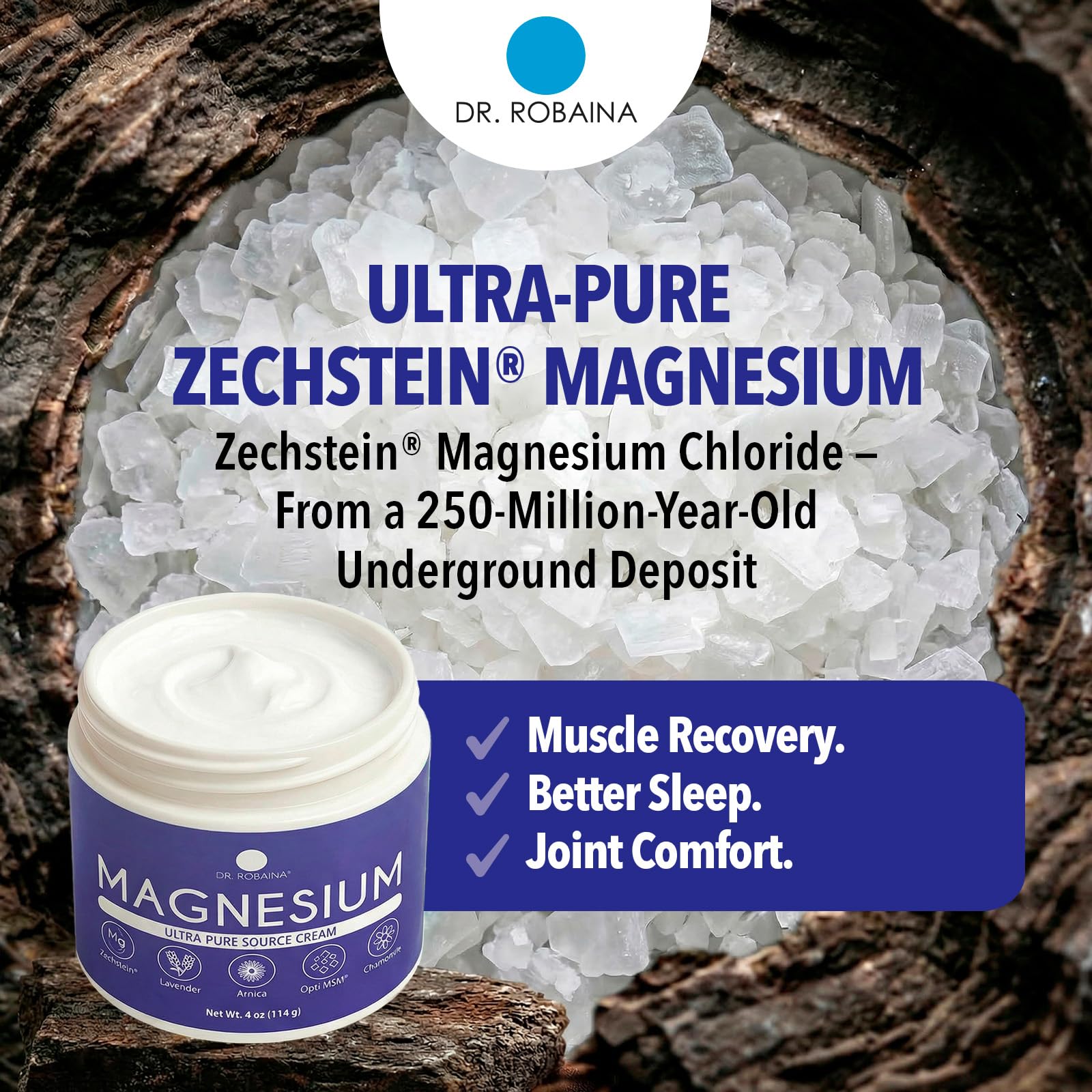 Dr. Robaina Lavender Magnesium Cream bottle with lavender oil, magnesium, and OptiMSM for relaxation and sleep support.