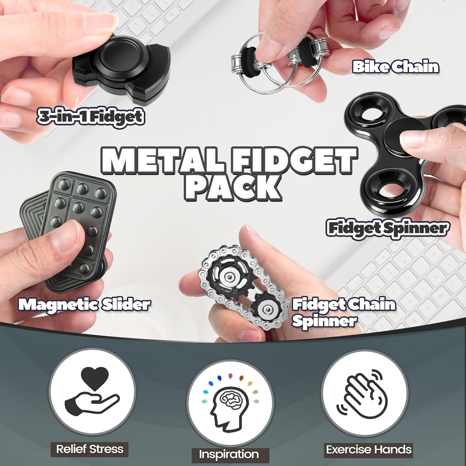 Set of 5 Chilvil metal fidget toys for adults and teens, including spinners, perfect as Easter basket stuffers, colorful and compact.
