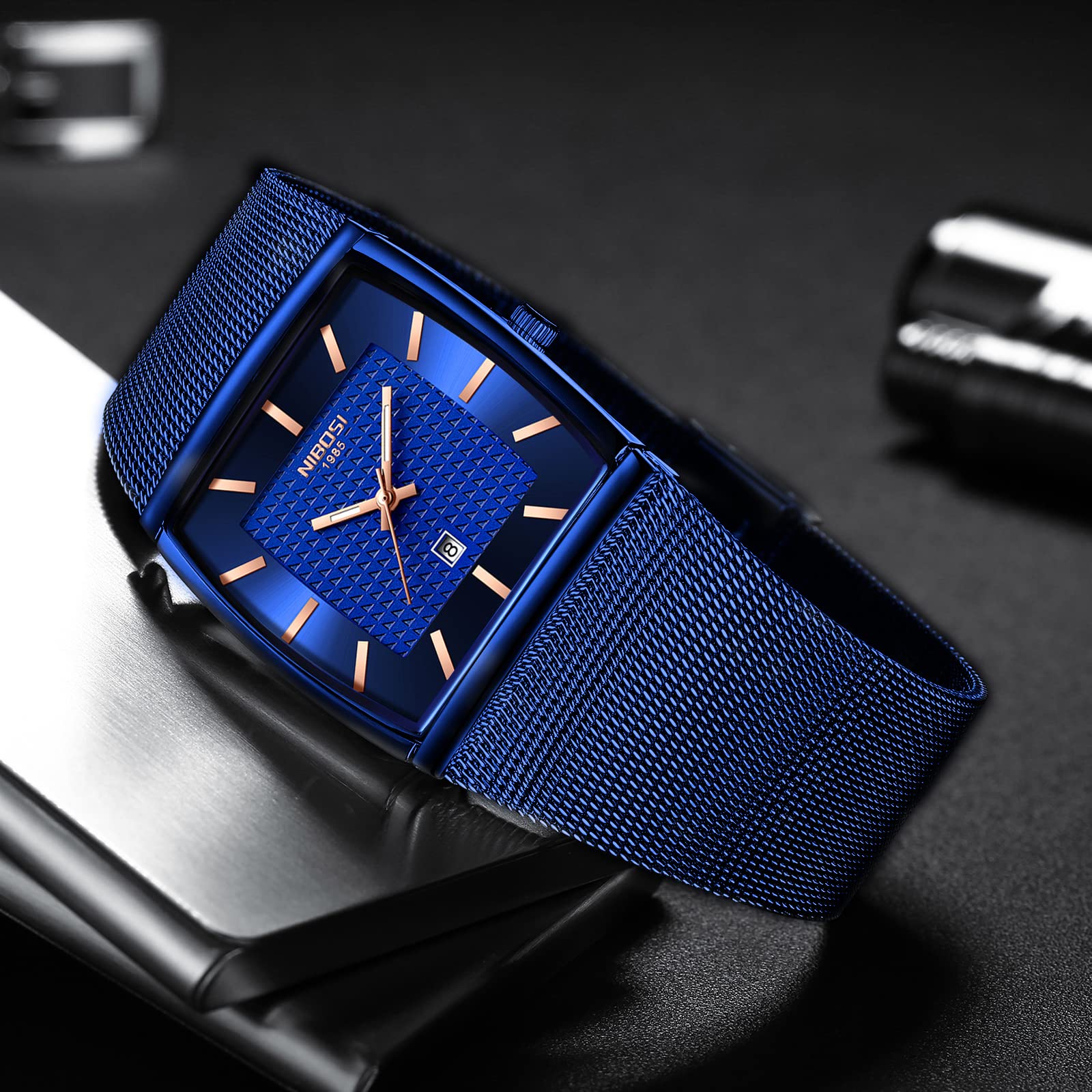 NIBOSI Men's Blue Square Dial Mesh Watch | Date Display