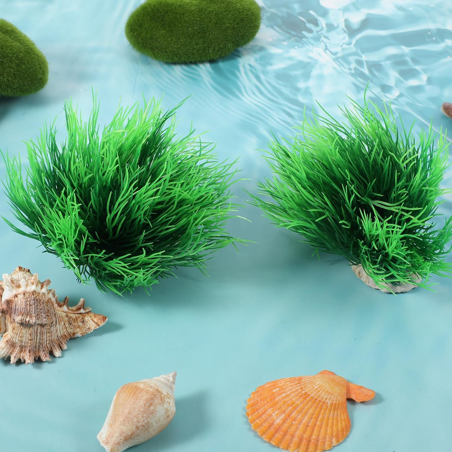 Two artificial aquarium plants decorations in vibrant green for fish tanks, ideal for creating a natural aquatic environment.