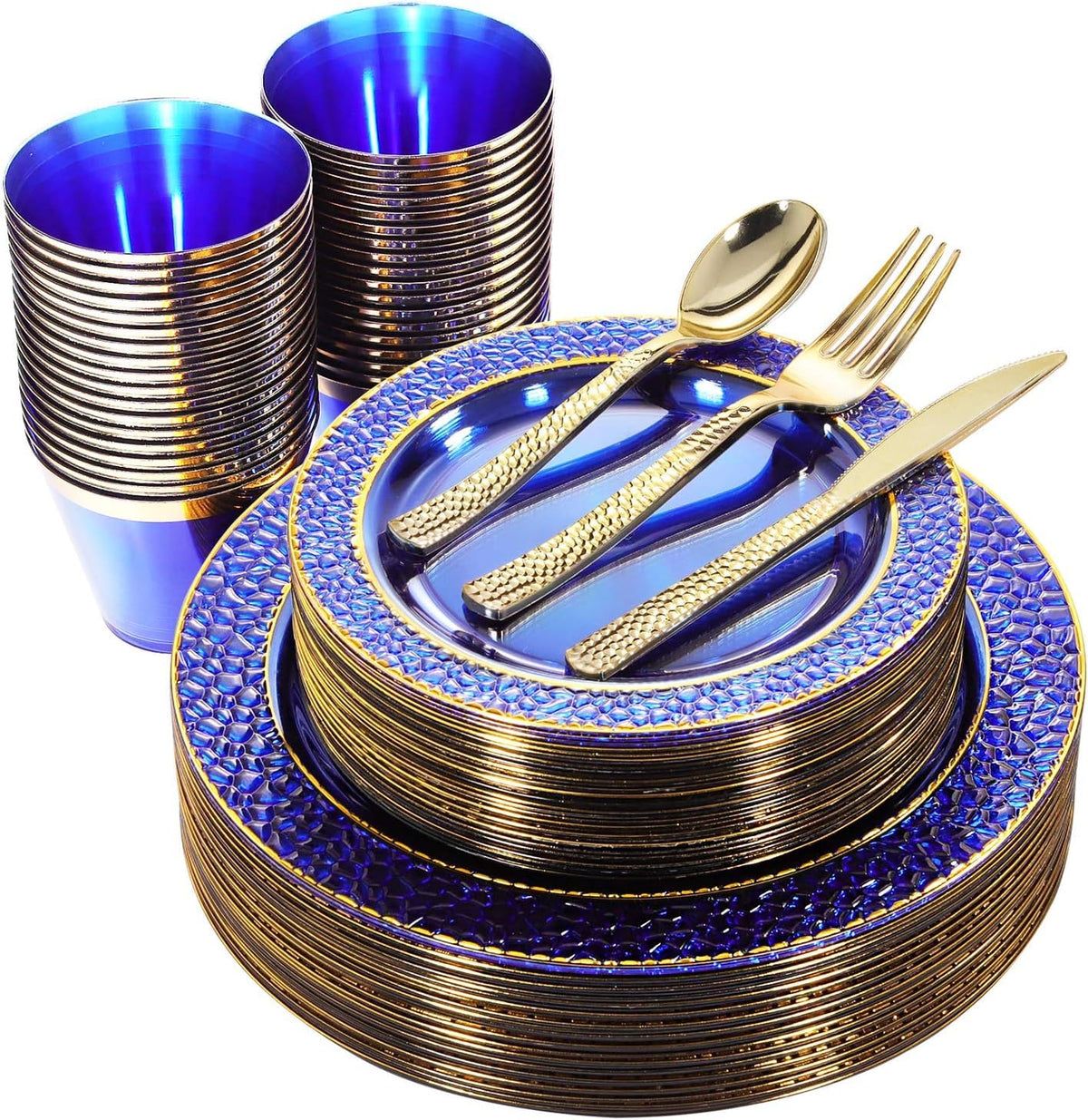 Nervure 150PCS Clear Blue Plastic Plates with Gold Hammered - Nervure Official Imagery - 1