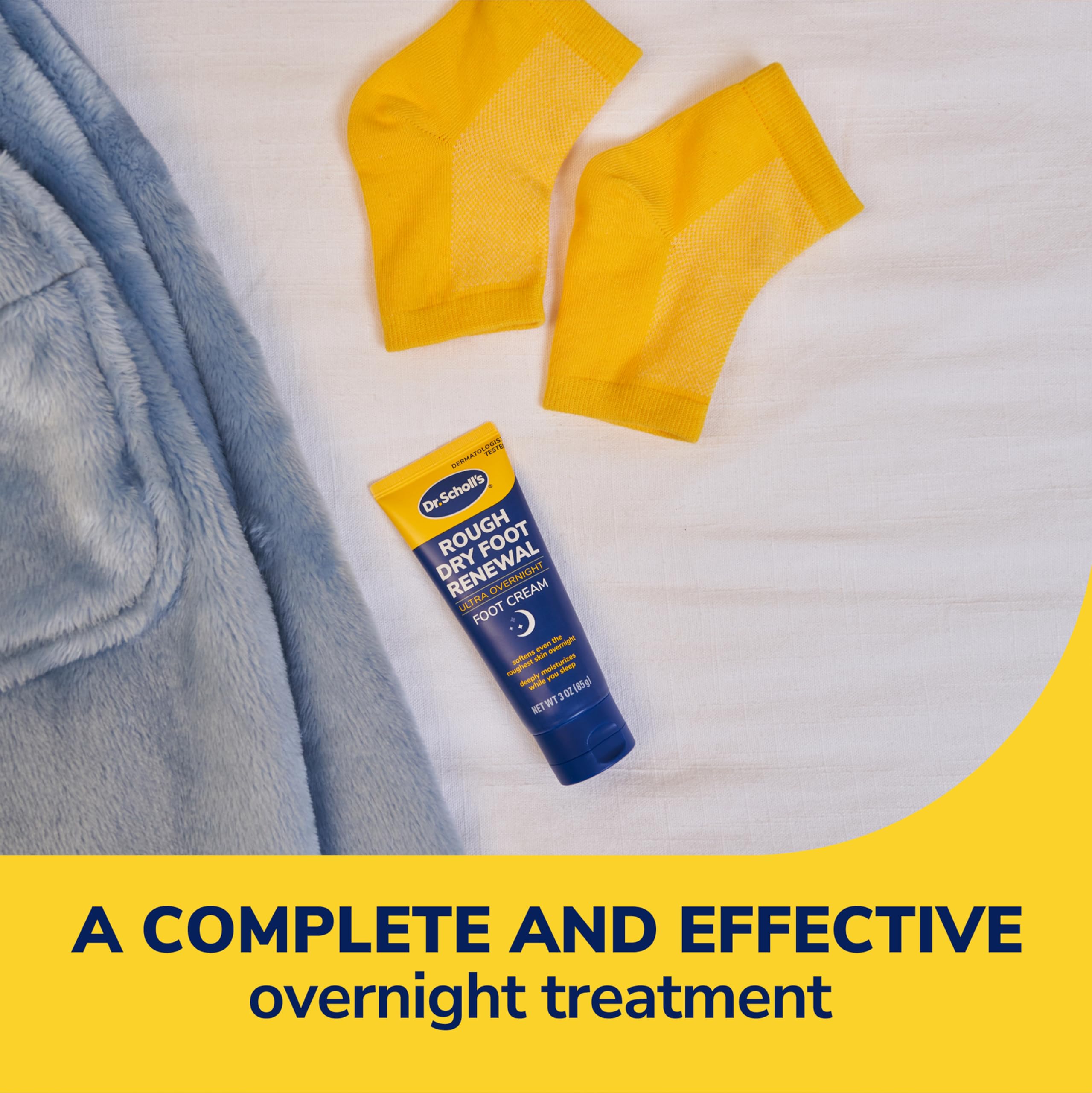 Dr. Scholl's Foot Renewal Overnight Kit showing moisturizing cream and softening socks for dry, rough skin.
