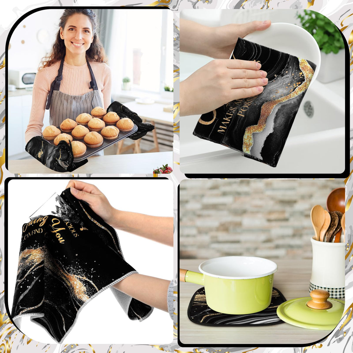 Fourluoo 10 Pcs Black and Gold Marble Kitchen Decor Set - Fourluoo Official Imagery - 6