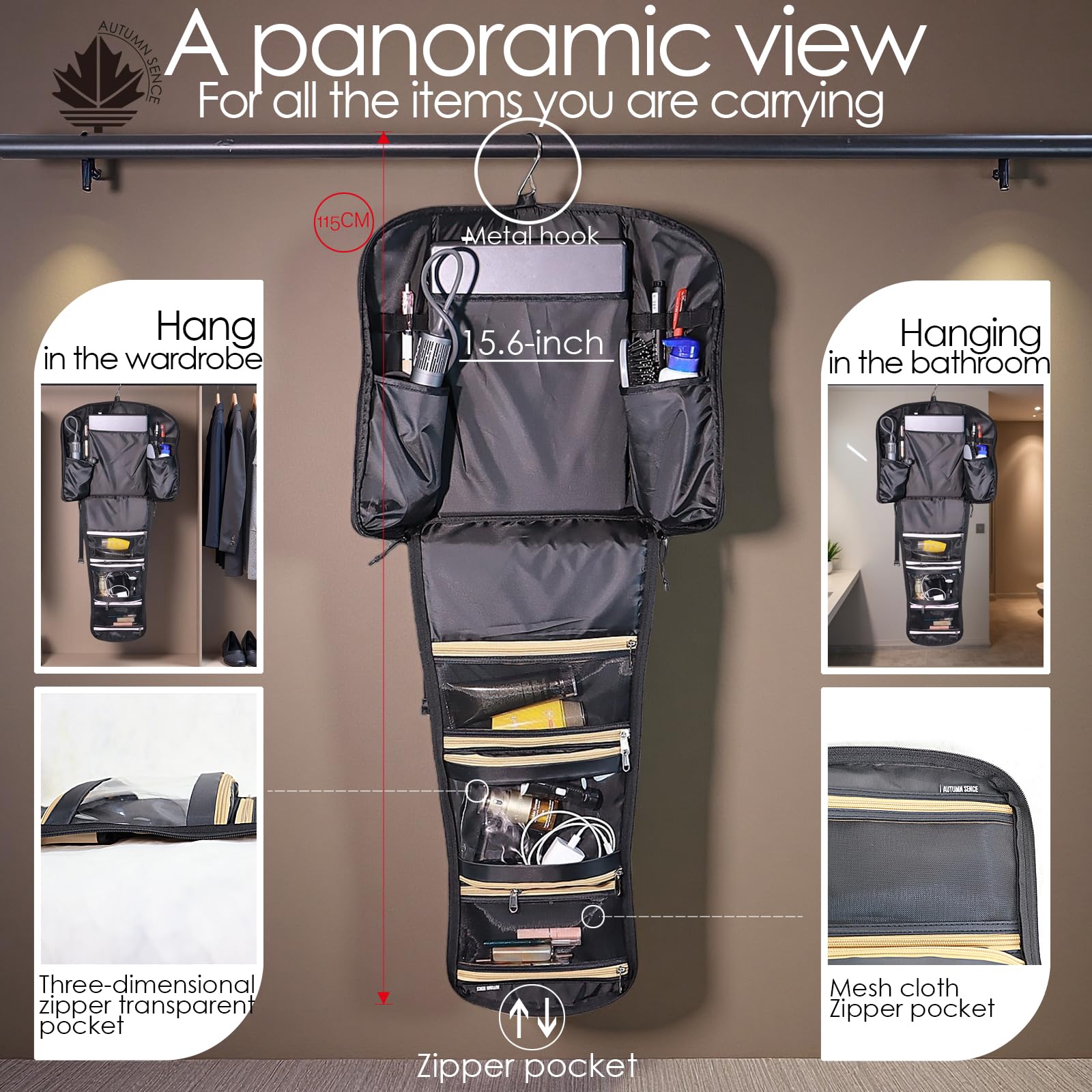 AUTUMN SENCE khaki travel backpack with large hanging toiletry organizer and water-repellent hygiene bag, ideal for travel.