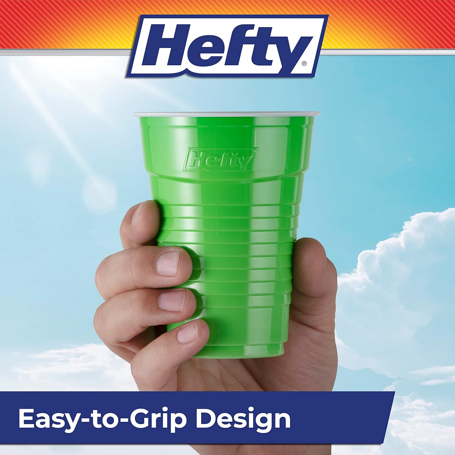 Set of 100 Hefty Party On disposable plastic cups, 16 oz. assorted colors, ideal for gatherings and celebrations