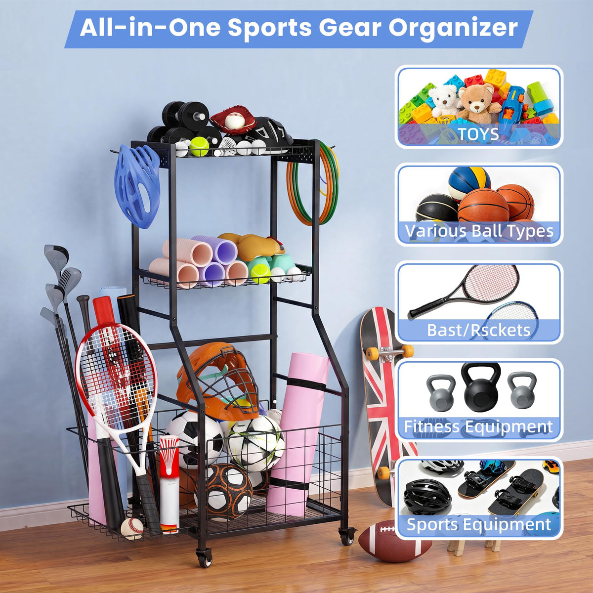 Garage Ball Storage Sports Equipment Organizer with Bat Rack - ClookRack Official Imagery - 8