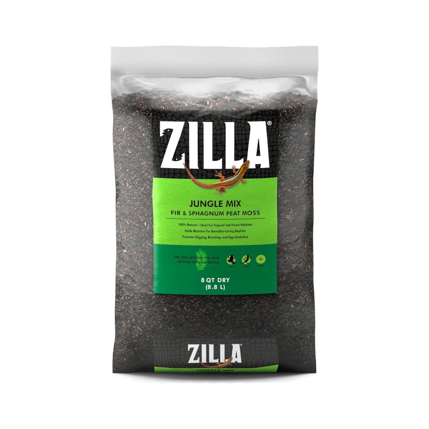 Zilla Reptile Terrarium Bedding Jungle Mix in 8 quart bag, natural substrate with forest-themed organic materials for reptiles.