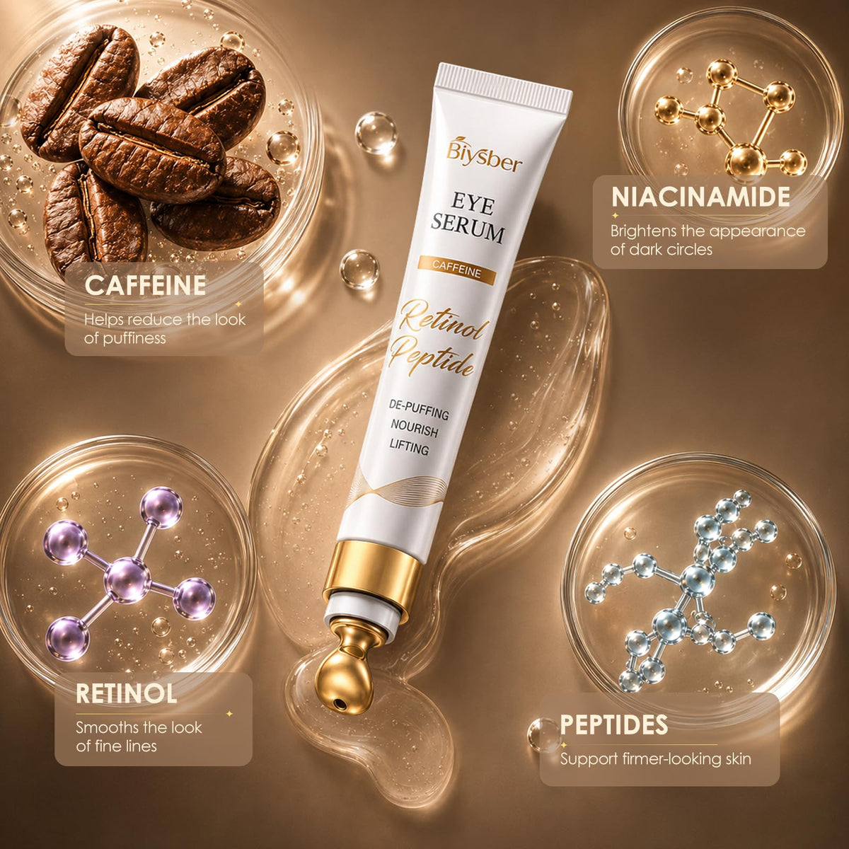 Under Eye Serum for Dark Circles Puffiness Caffeine Retinol - BIYSBER Official Imagery - 4