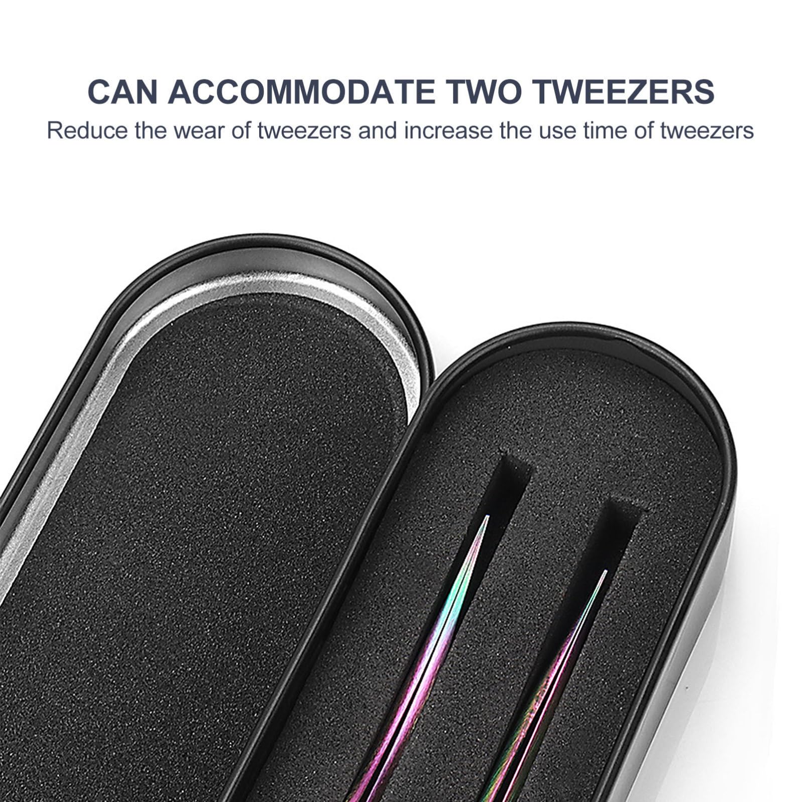 PRETYZOOM 5-piece eyelash extension tweezers storage case with dual compartments, portable metal organizer for salon or travel use.