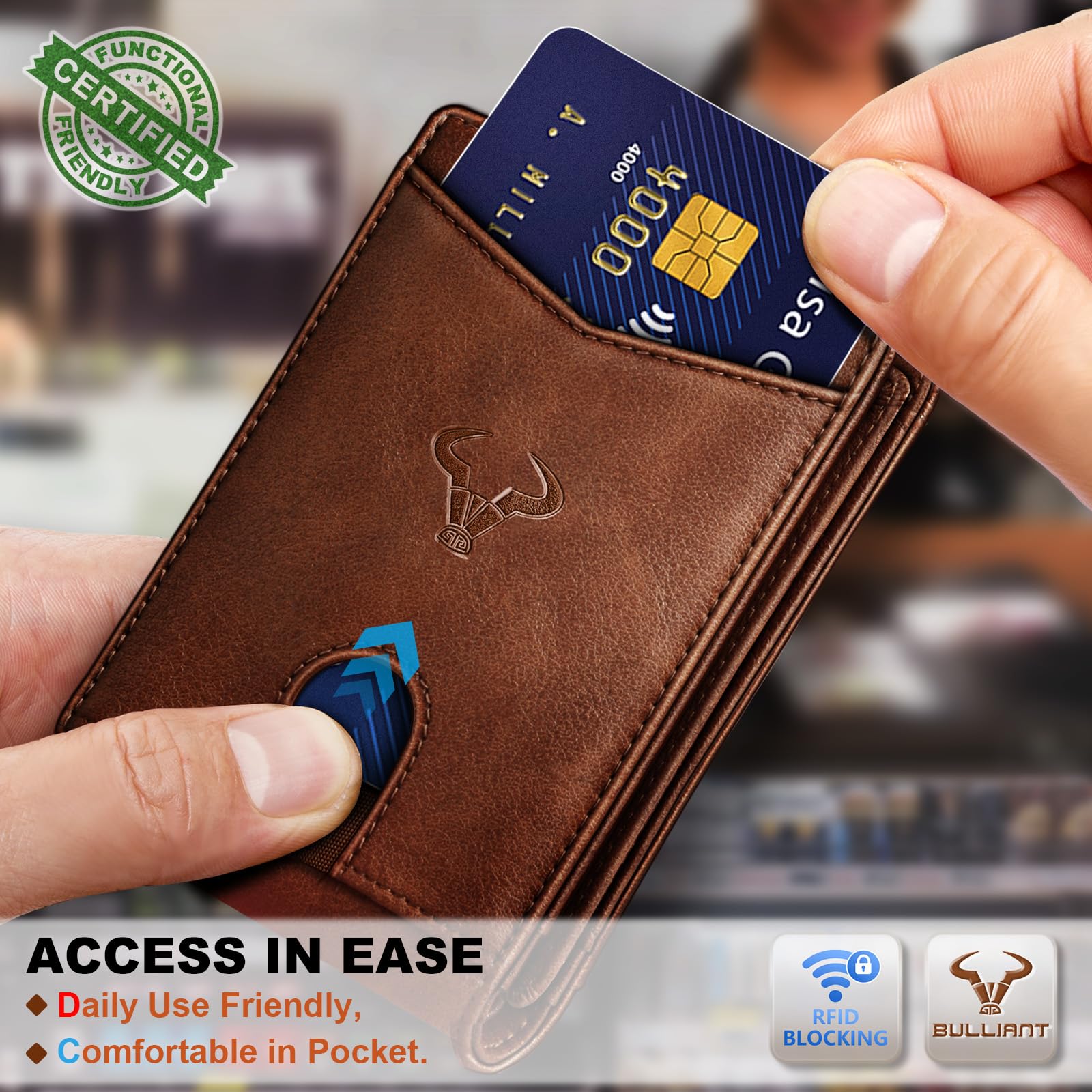 BULLIANT Men Slim RFID Leather Wallet 11 Card Slots