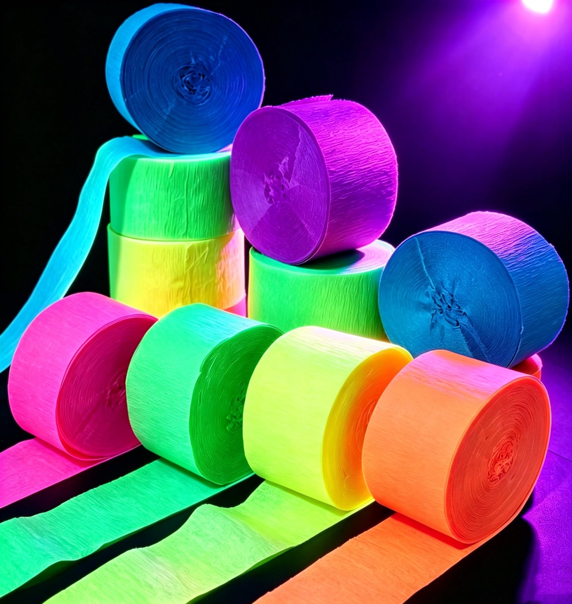 6 Rolls 600 Feet Neon Crepe Paper Streamers, UV Black Light - Product Imagery