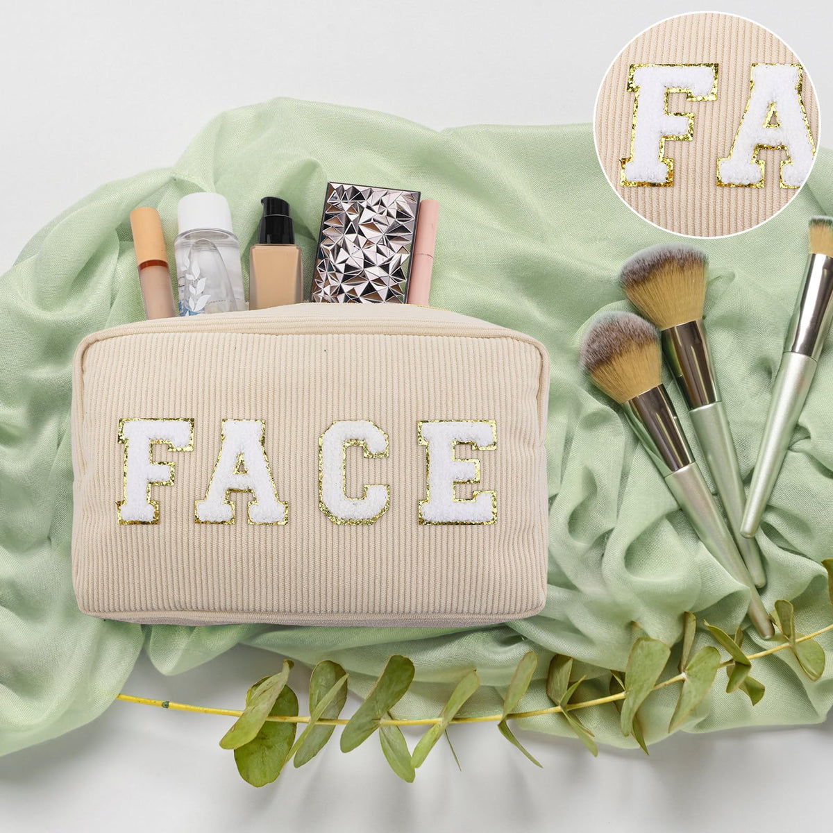 4 Preppy Chenille Letter Makeup Bags Sage Green Color - Pinkunn Official Imagery - 6
