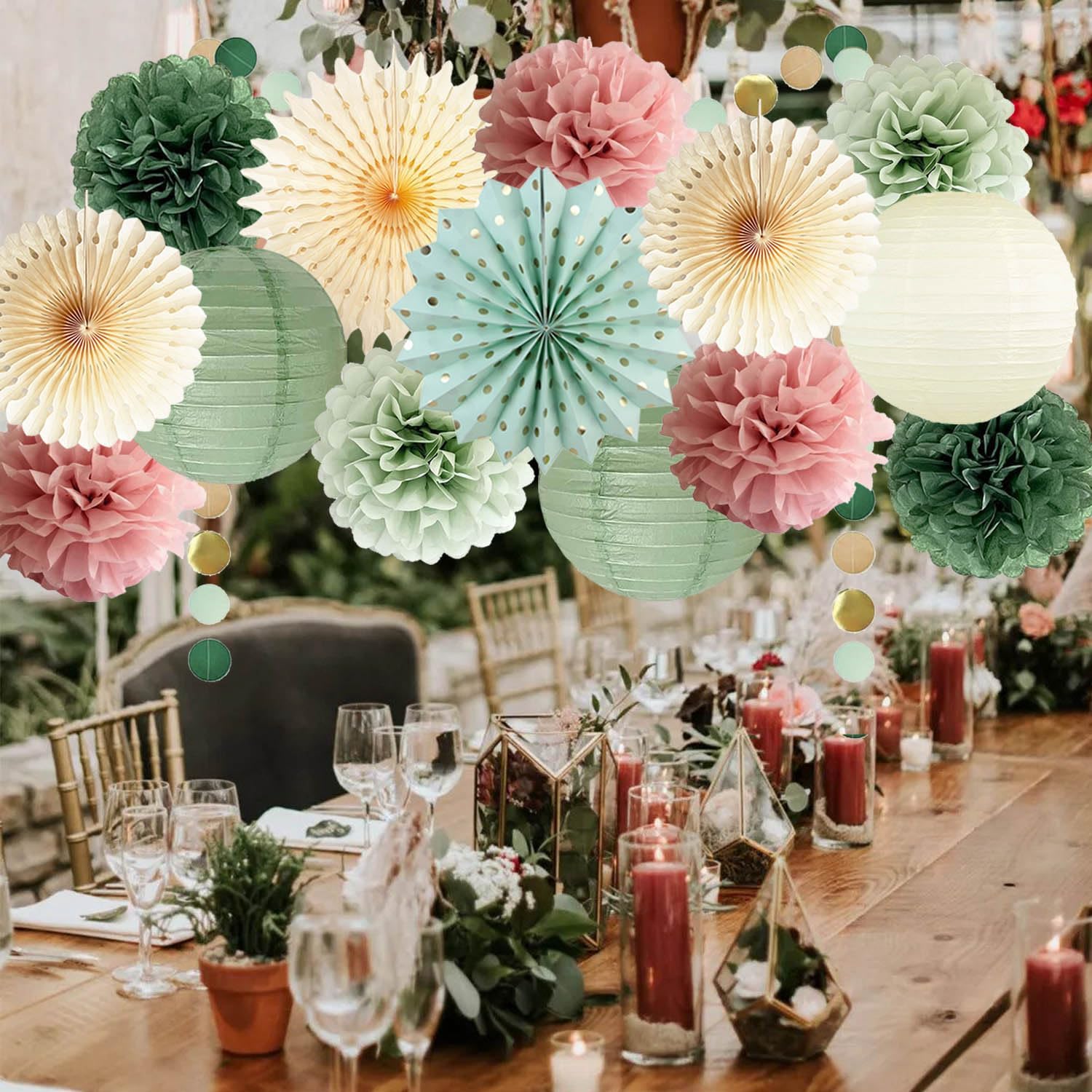 Sage green and dusty pink party decorations including balloons and banners, perfect for festive celebrations by FETETIJD