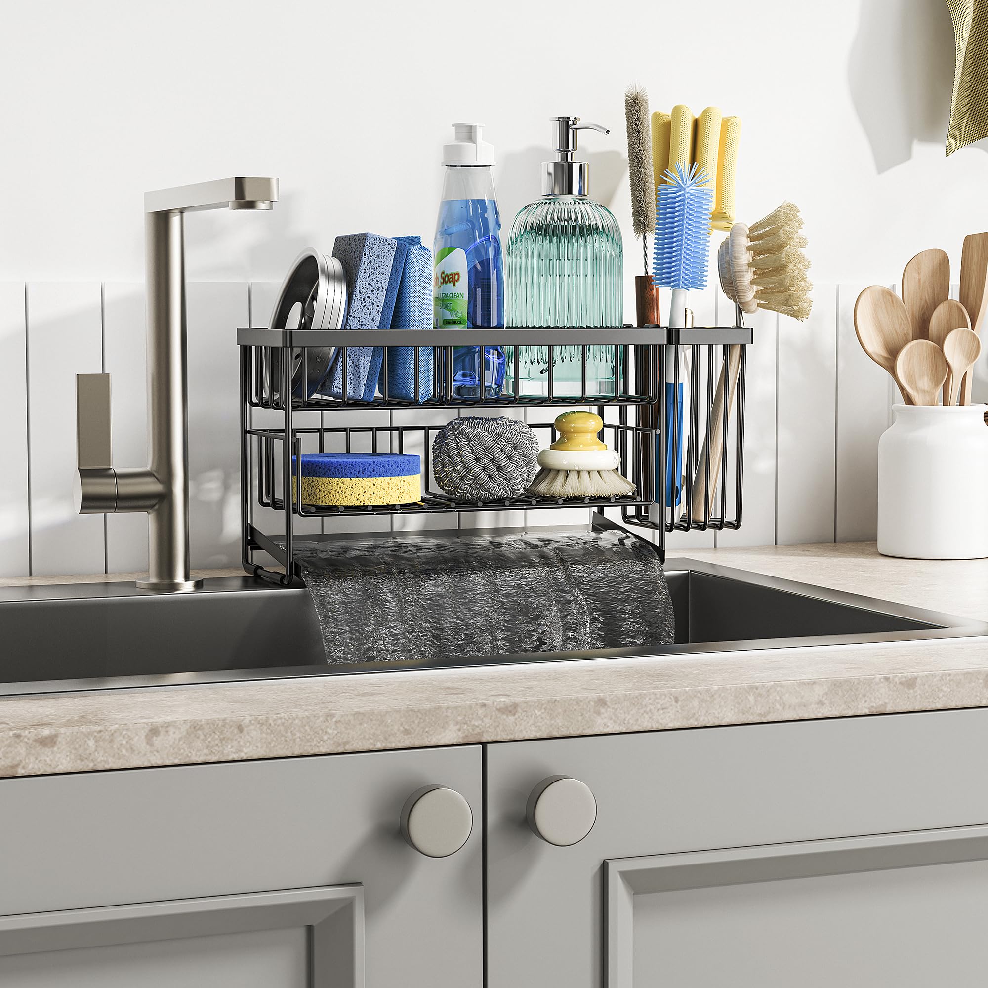 Cisily 2-Tier Kitchen Sink Caddy Organzier Rack with Dish Brush S - Cisily Official Product View 7