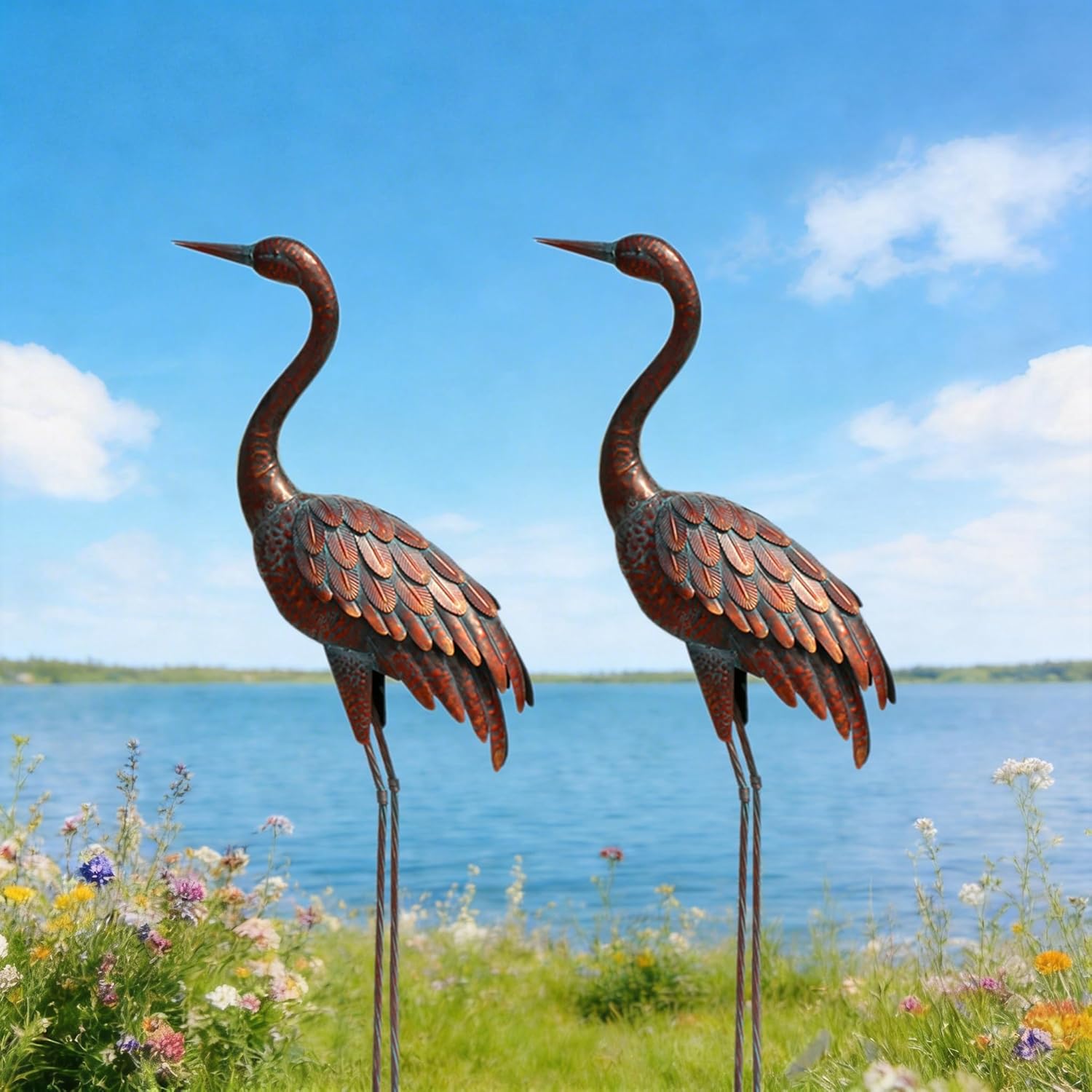 Chisheen 2-piece garden crane statues, outdoor metal yard art sculptures featuring elegant bird figures for garden decor