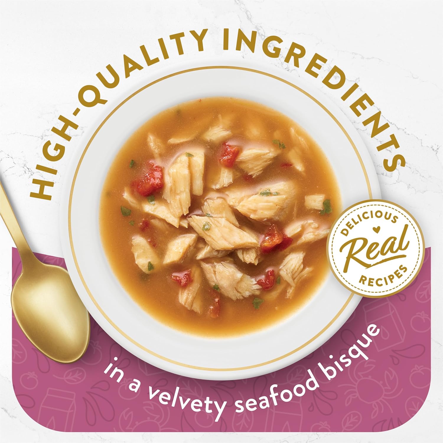 Fancy Feast Lickable Wet Cat Food Broth Topper Seafood Bisque with accents, creamy and flavorful for cats, in a clear serving dish