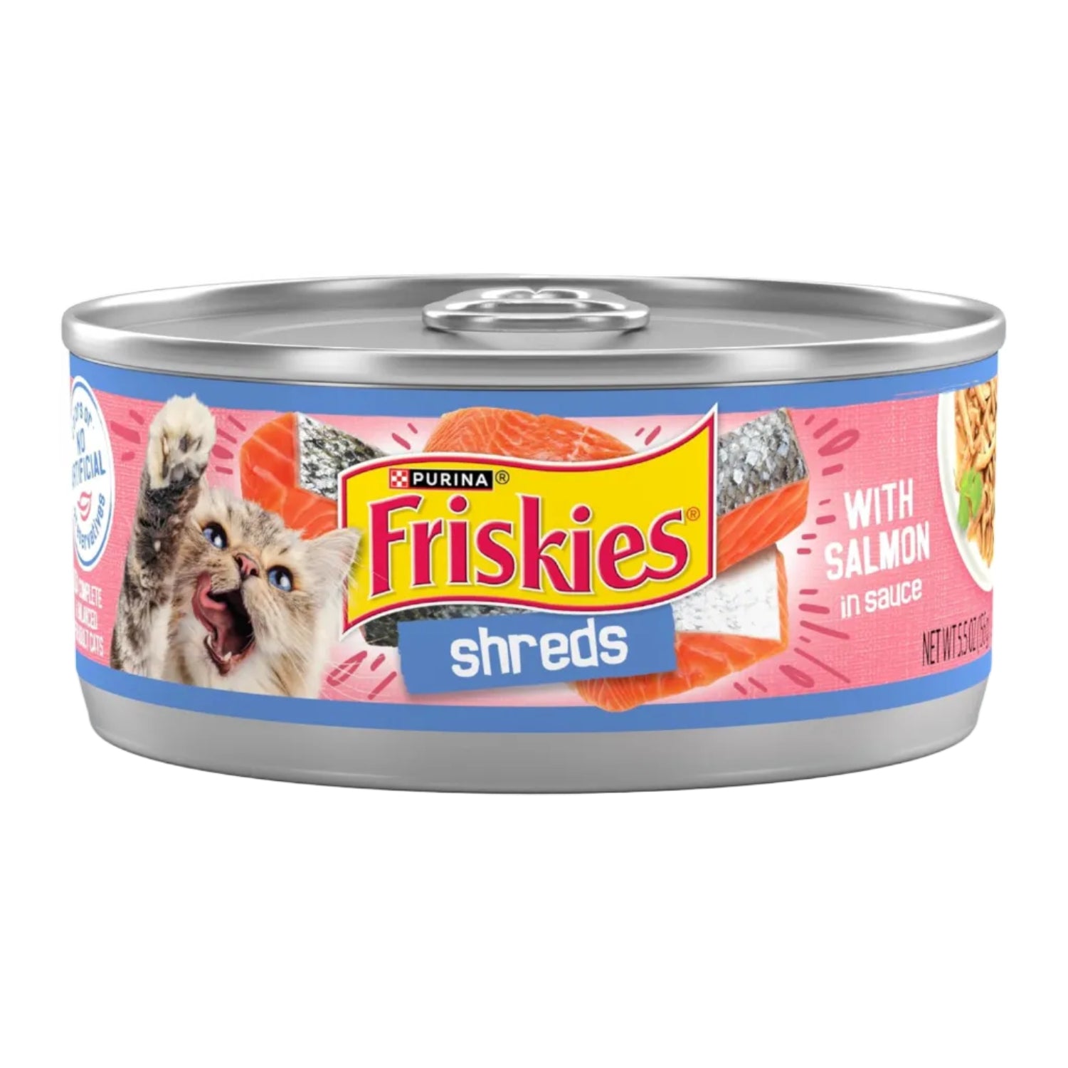 Friskies Shreds with Salmon in Sauce wet cat food cans, pack of 24, 5.5 oz each, featuring salmon pieces in savory sauce.