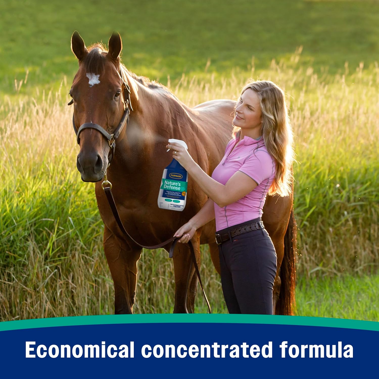 Farnam Nature’s Defense botanical fly repellent concentrate in a 32 oz water-based bottle with a pump spray top