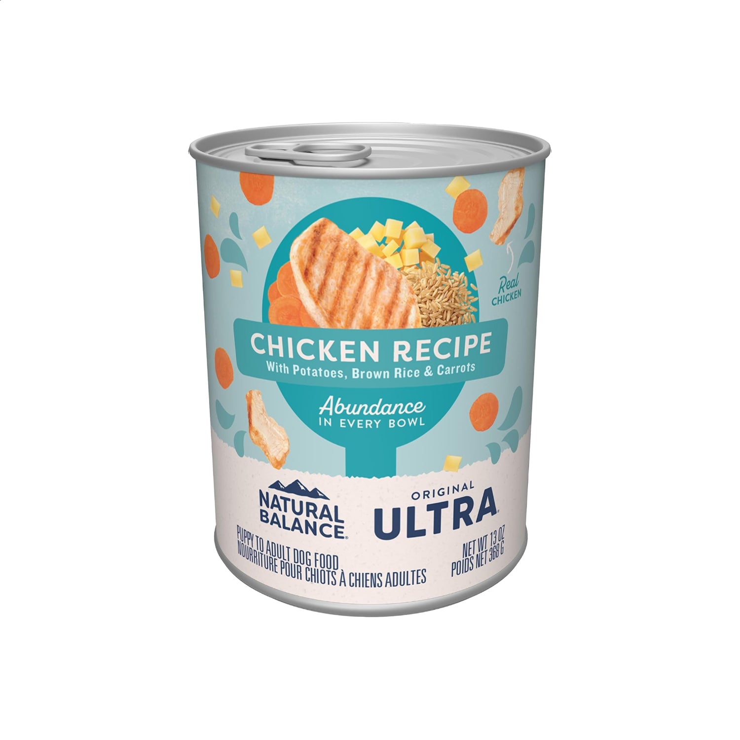 Natural Balance Original Ultra adult wet dog food can featuring chicken and brown rice in a 13-ounce can, pack of 12