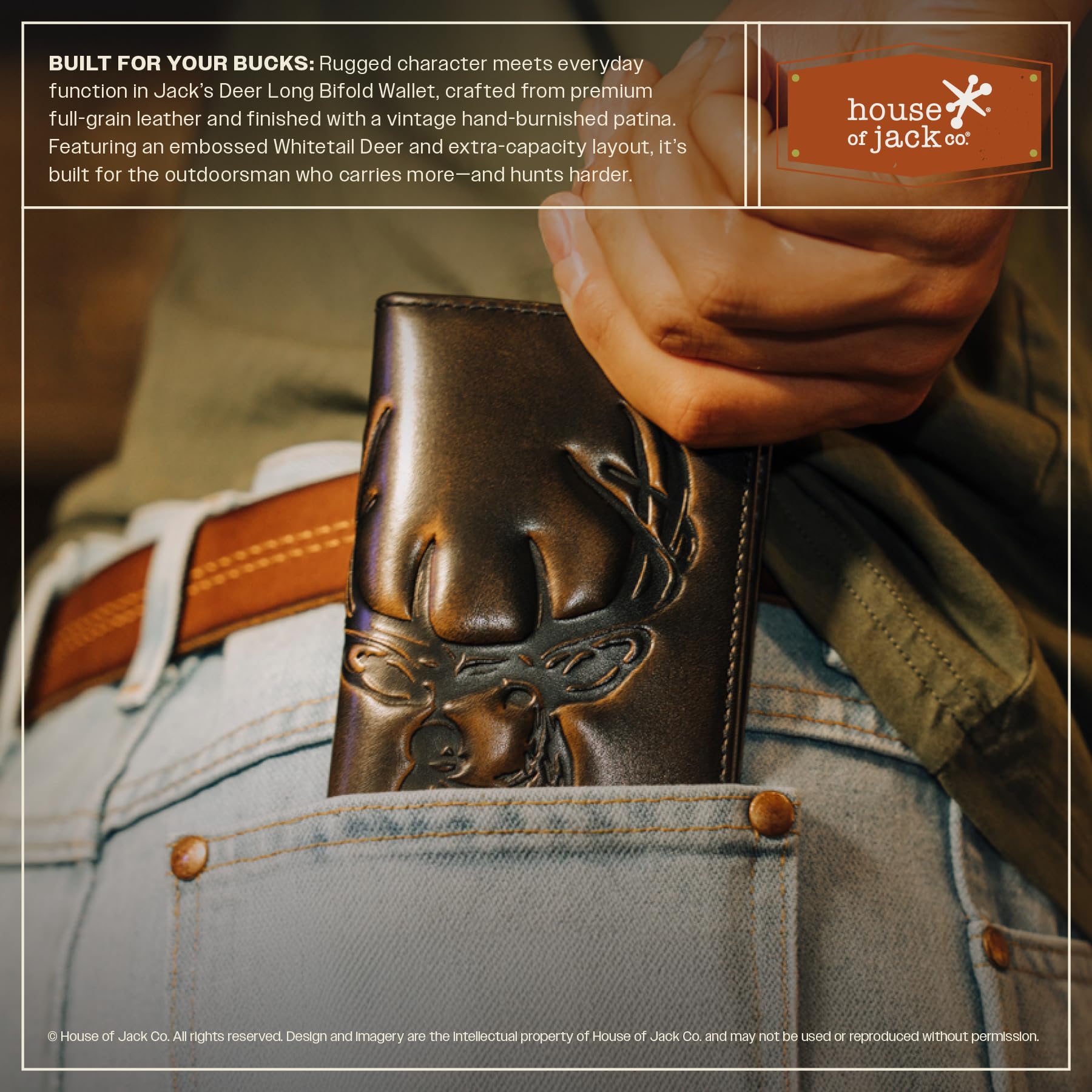 House of Jack Co. Deer Long Bifold Rodeo Wallet, Hunting Wallet, Black