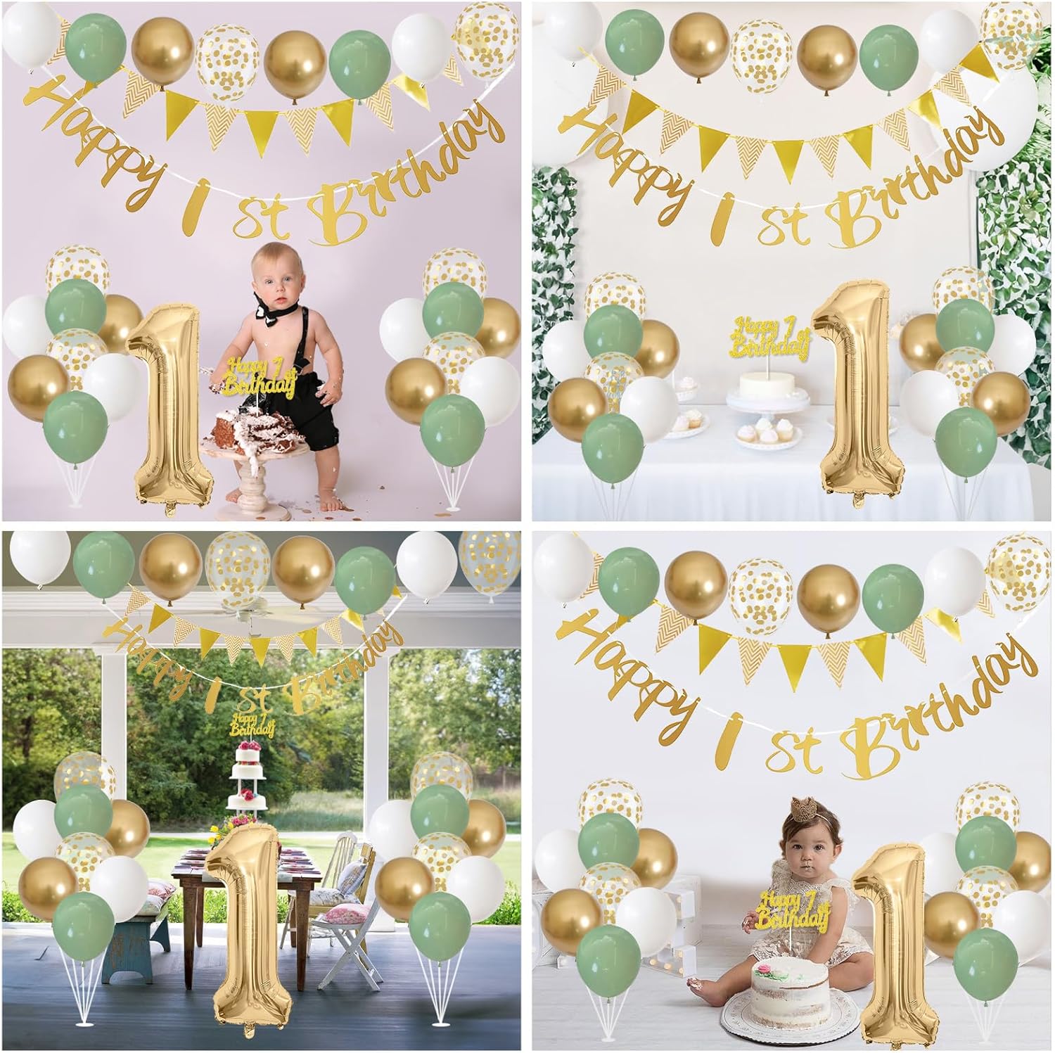 Sage green, white, and gold birthday balloons with "1st Birthday" decorations for boys and girls, by Jobkoo