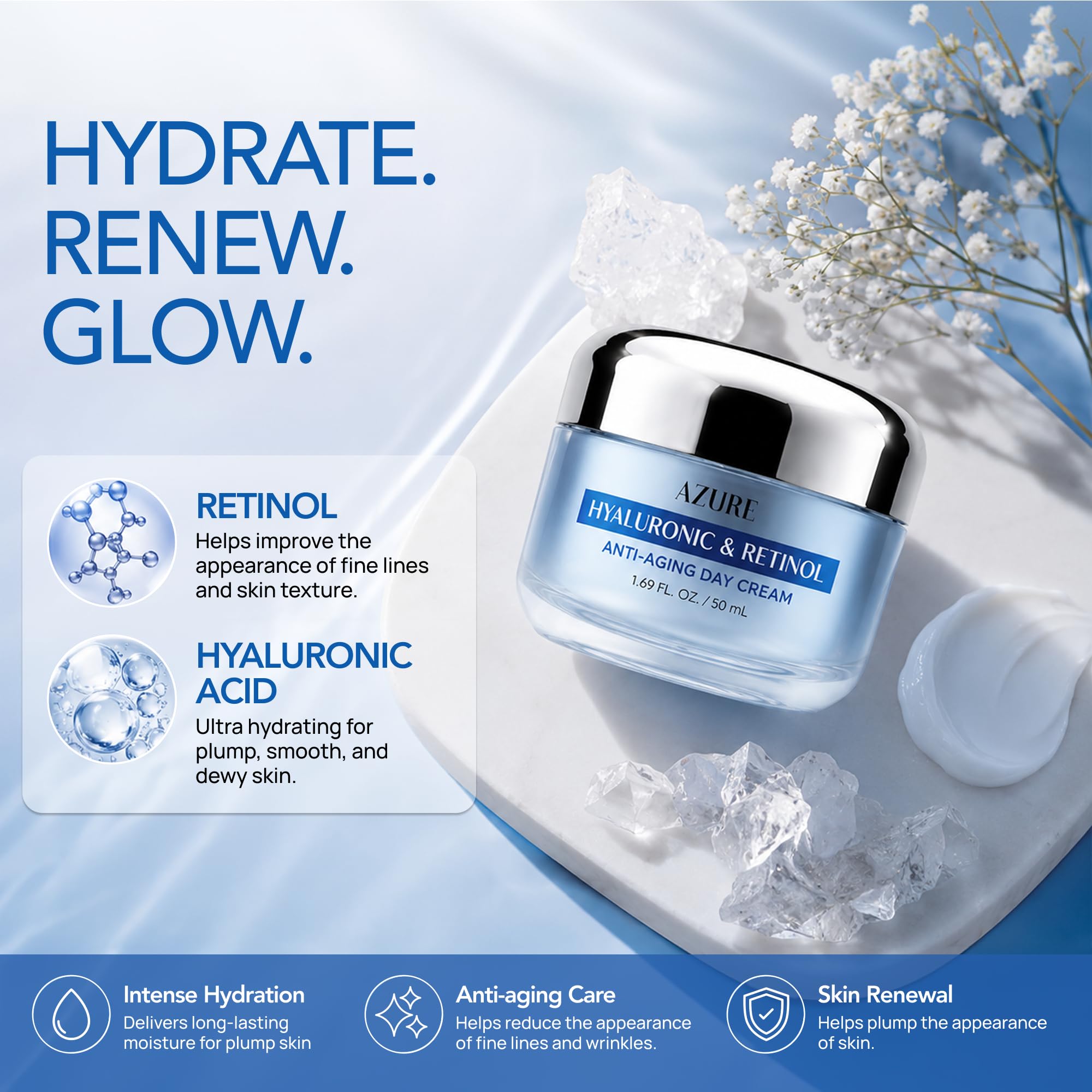 Hyaluronic Acid &amp; Retinol Face Moisturizer, Dermatologist - Azure Cosmetics