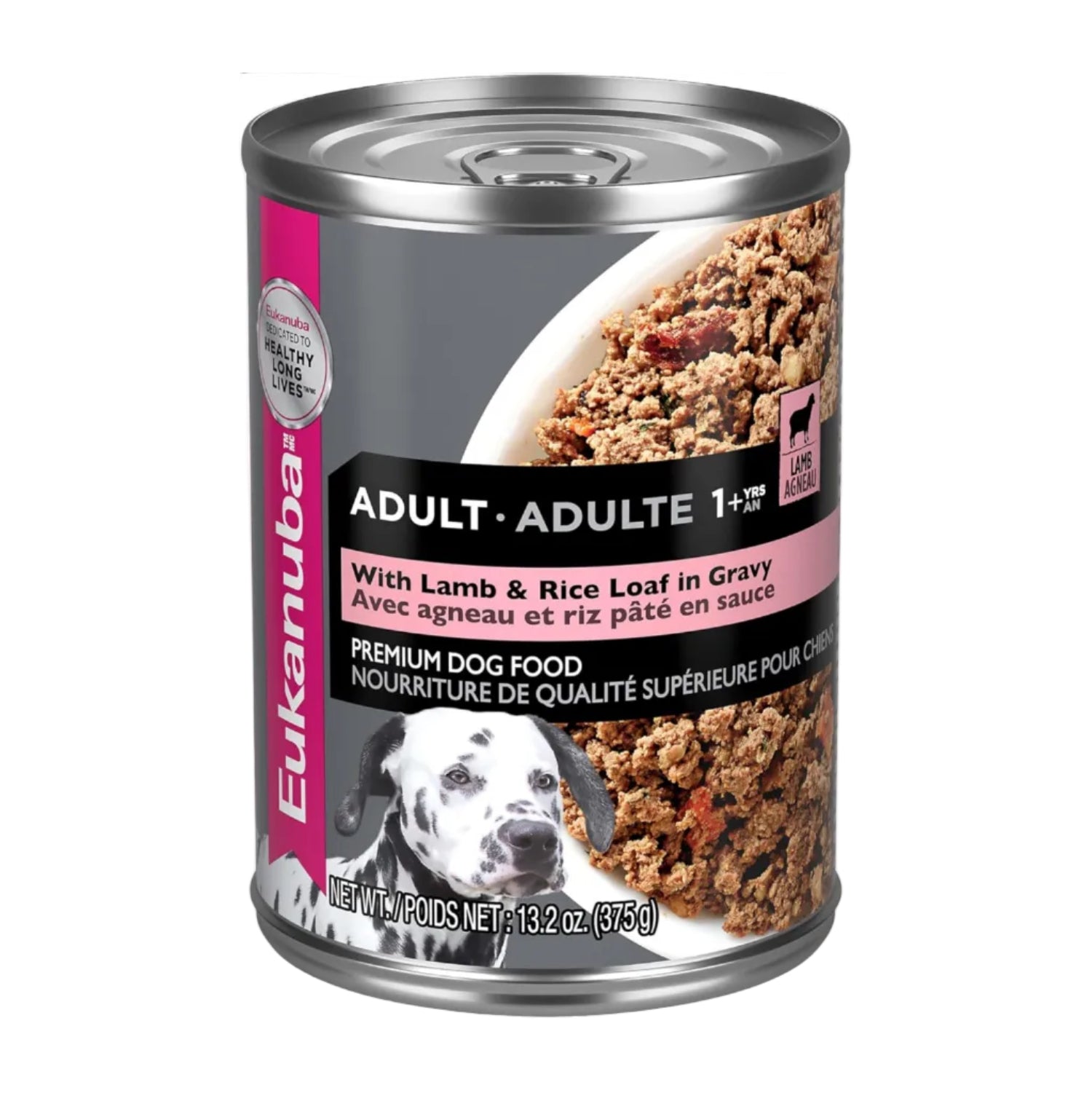 Eukanuba Adult Lamb & Rice canned dog food 13.2 oz can, 12-pack, featuring moist dog food with lamb and rice ingredients.