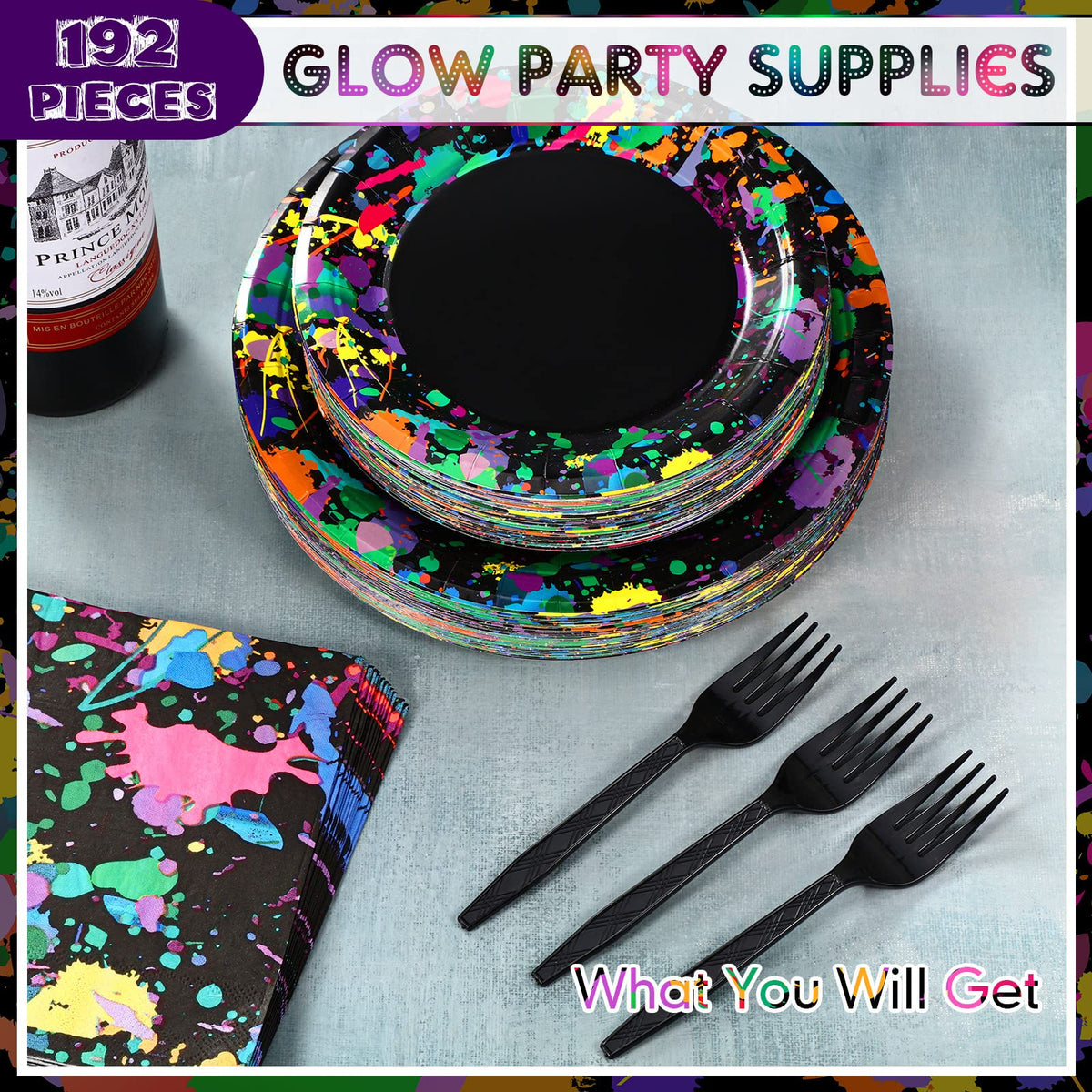 Baderke 192 Pcs Neon Glow Party Plates Napkins Forks - Baderke Official Imagery - 5