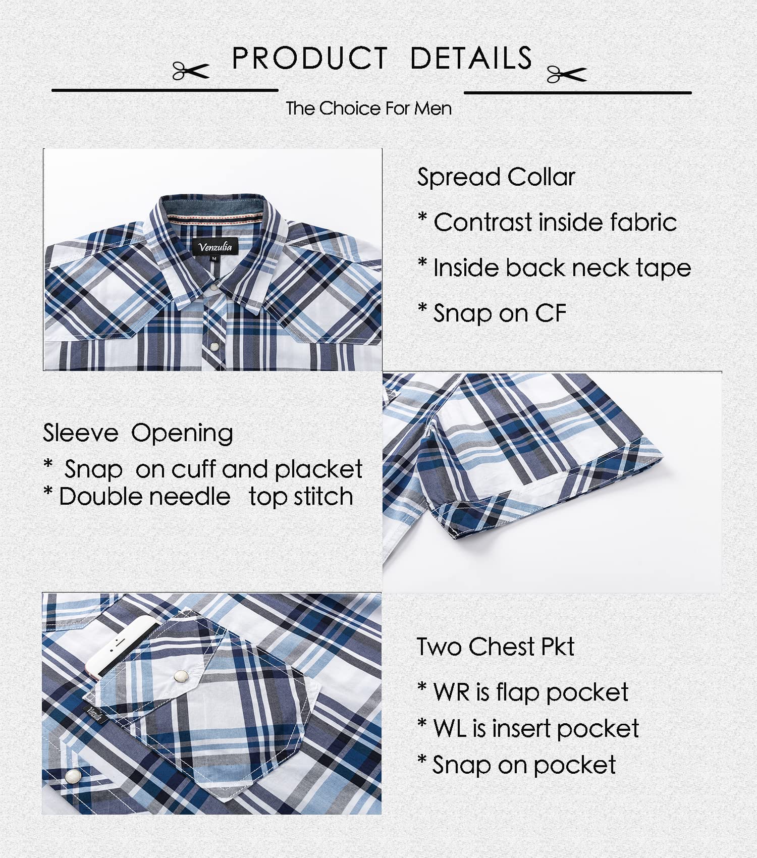 VENZULIA Men's Western Snap Casual Shirt Two Pocket Short Sleeve Shirt - VENZULIA Official Product View 5
