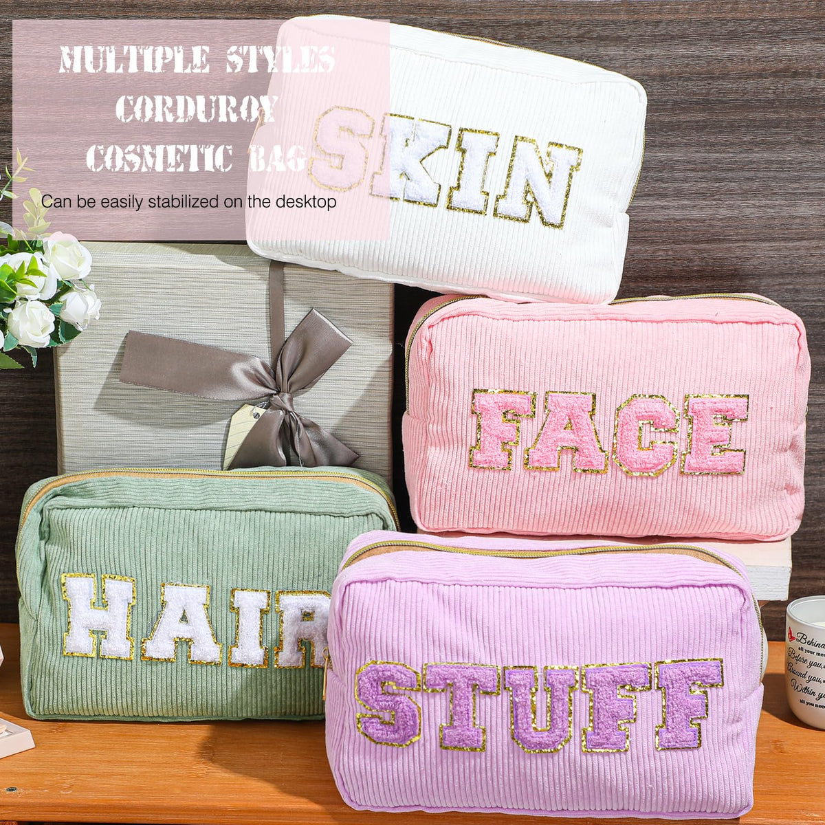 4 Preppy Chenille Letter Makeup Bags Purple Pink White Green - Pinkunn Official Imagery - 5