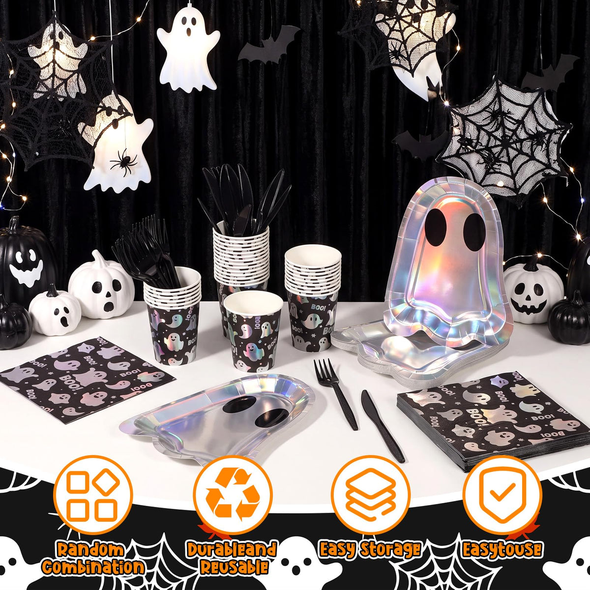120 Pcs Halloween Ghost Paper Plates Boo Napkins Tableware - Yungyan Official Imagery - 5