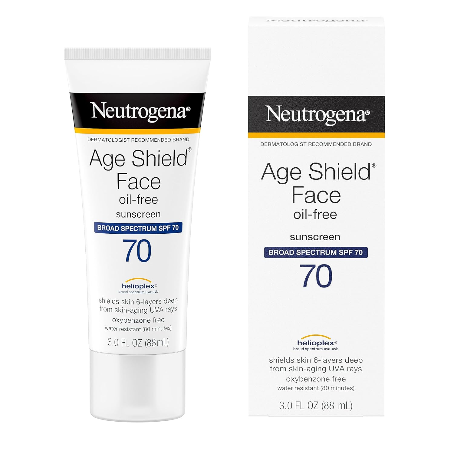 Neutrogena Age Shield Face Sunscreen Lotion in a pack of three, oil-free formula with SPF protection for daily use.