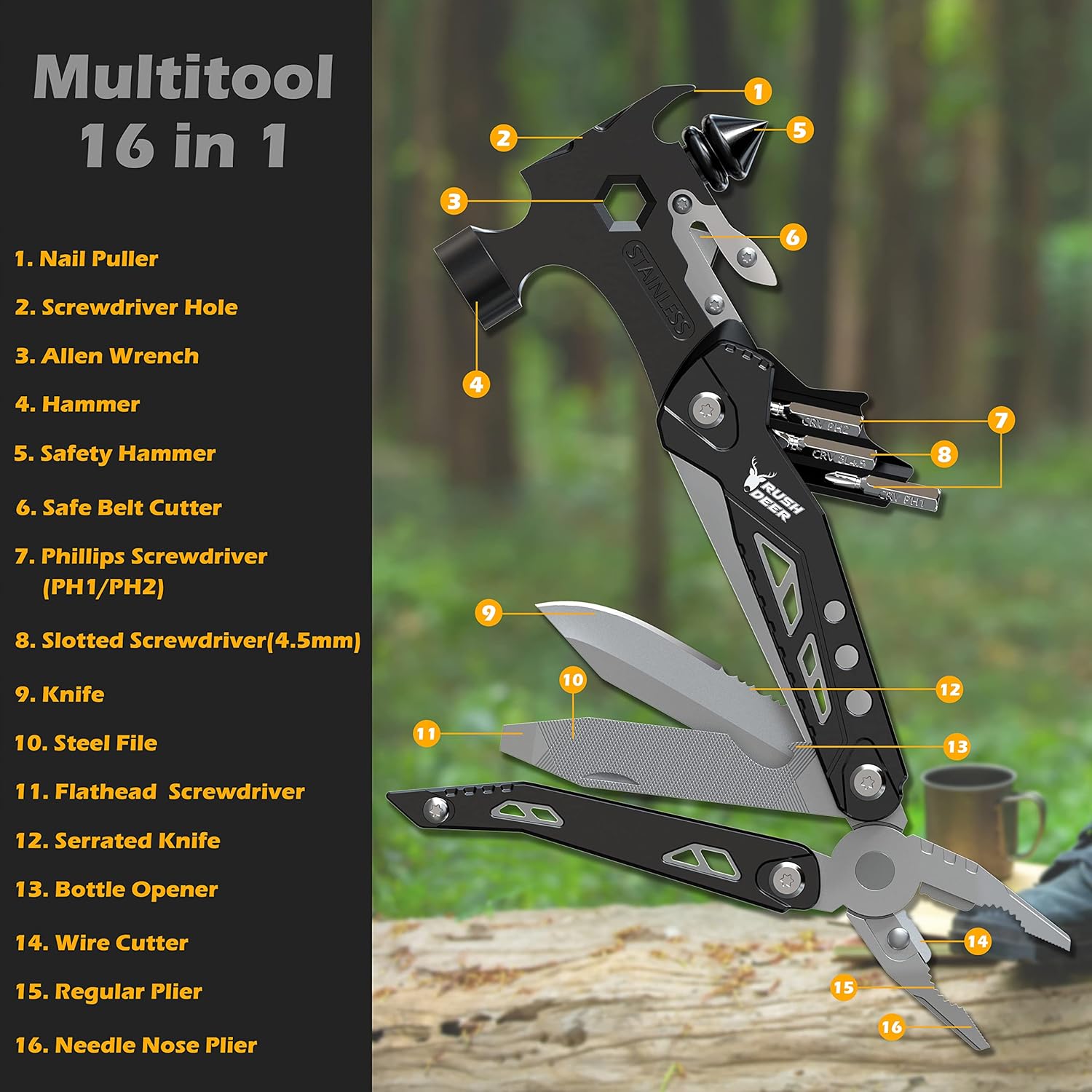 Rush Deer 16-in-1 camping multitool with various tools, ideal for outdoor adventures and versatile gift for men and dads.