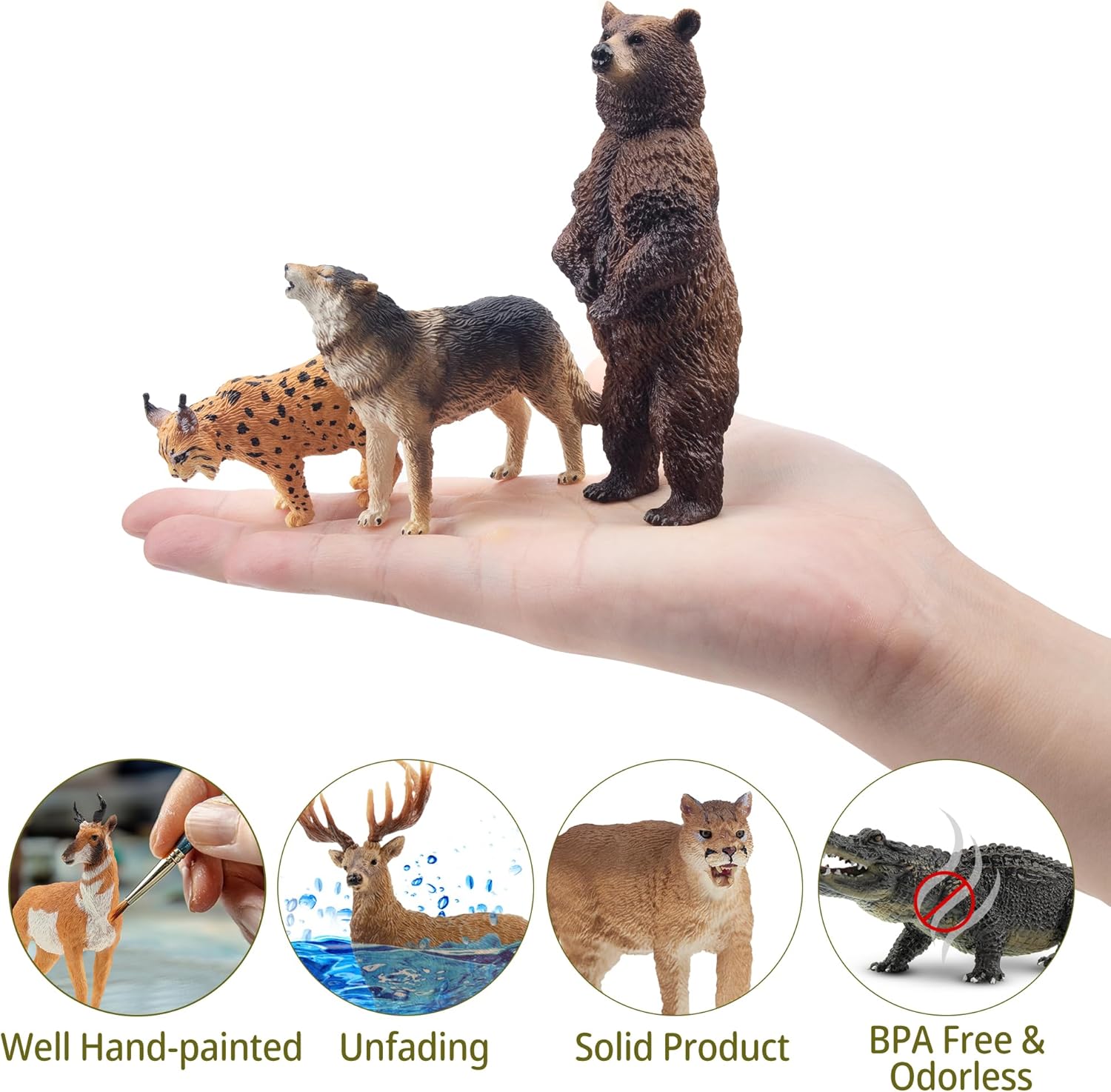 Toymany 12-piece North American forest animal figurine set featuring realistic jungle zoo animals on a natural background.