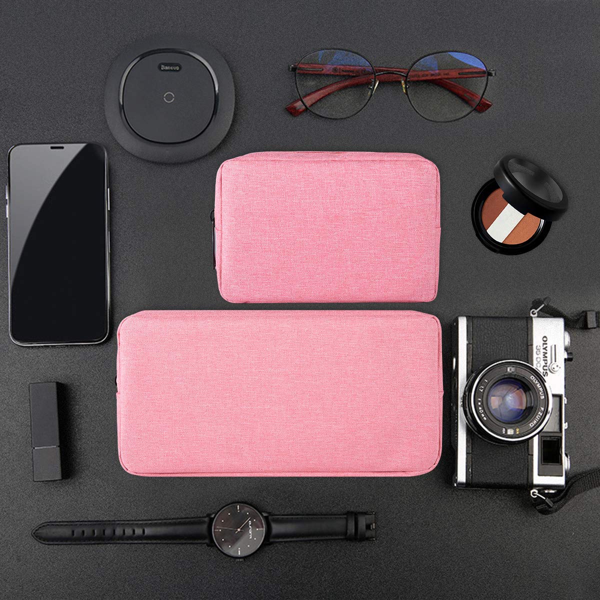 2-PACK Accessories Bag for Women Ladies Travel Organizer, Big+Small Portable Storage Bag Pouch Electronics Accessories Carrying Case Cosmetic Bag for Hard Drive, Mouse, Cable, Adapter, Cellphone, Pink