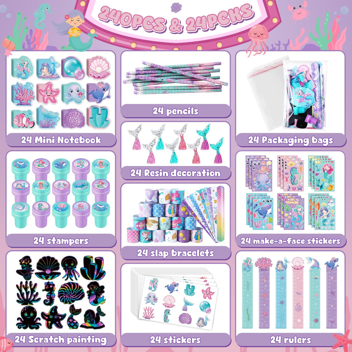 BenLouis 240Pcs Mermaid Stationery Set Party Favors for Kids - BenLouis Official Imagery - 4