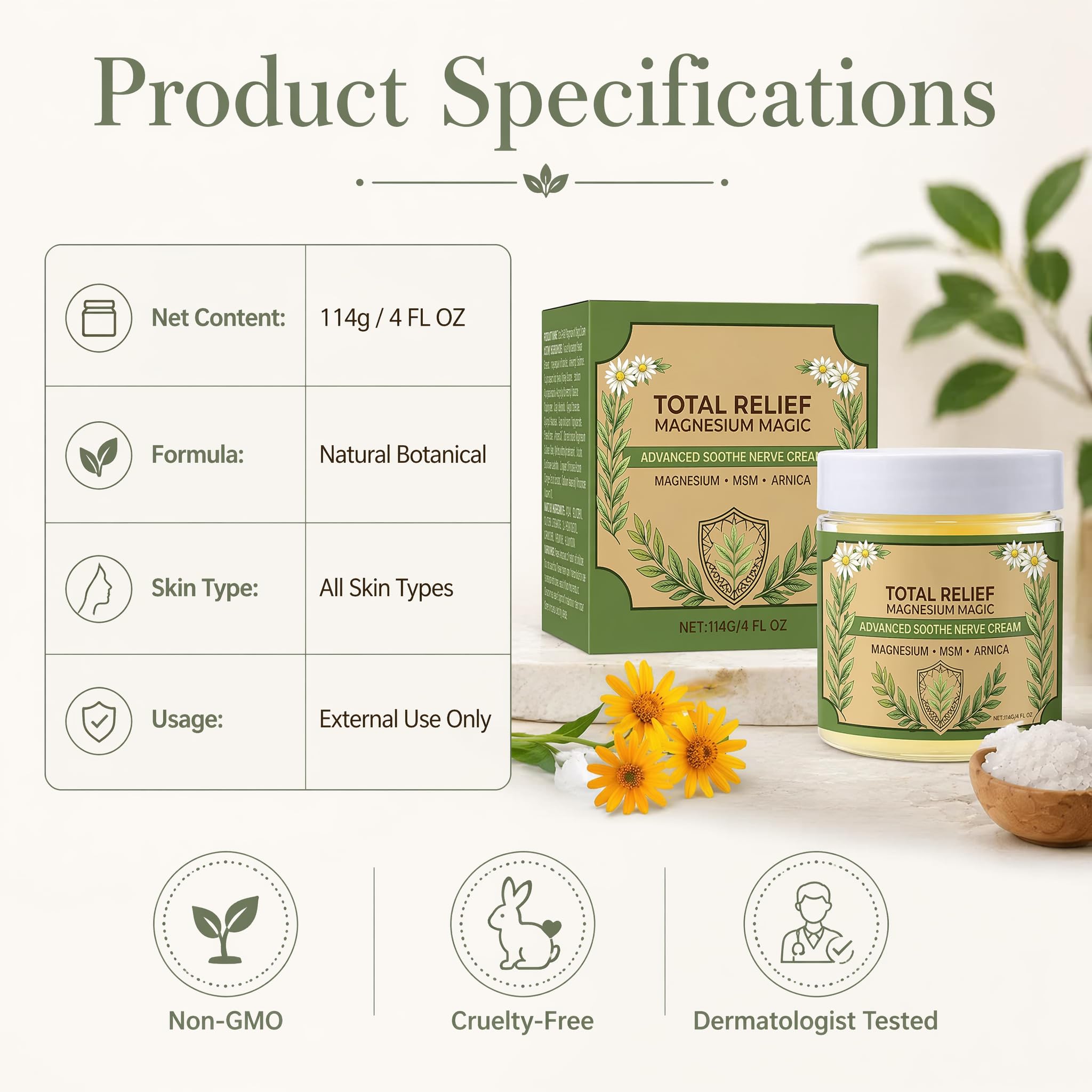 AOOTUYA Total Relief Magnesium Cream with MSM & Arnica, 4 Fl Oz