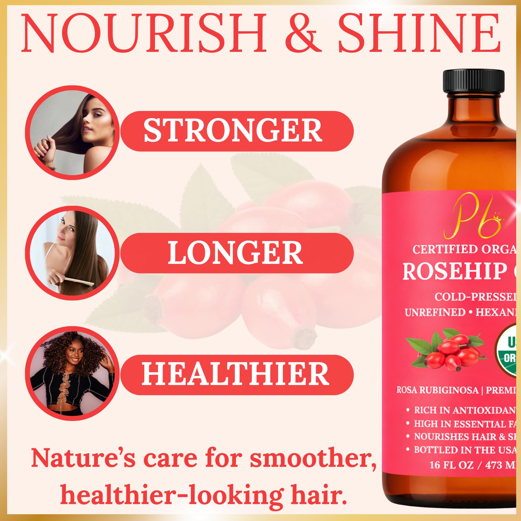 Pomberries Rosehip Oil, 16 fl oz Amber Glass Bottle, Rosehip Oil for Face, Skin - Pomberries Official Product View 7